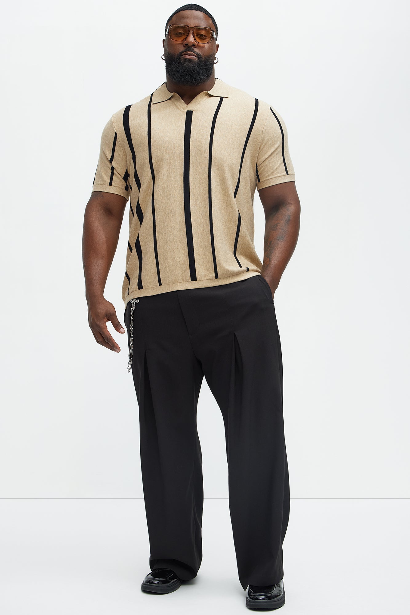 Orson Striped Knit Johnny Collar Sweater Polo - Tan/Multi Fashion Nova