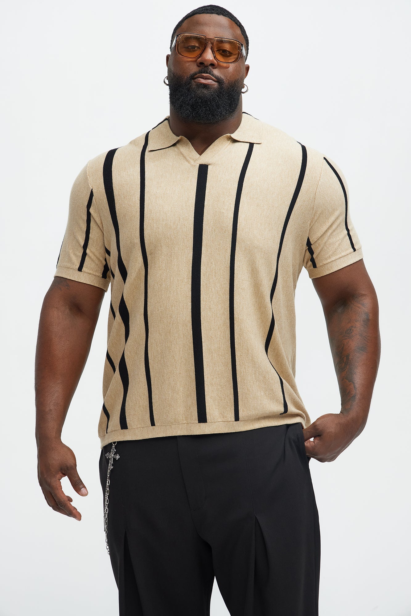 Orson Striped Knit Johnny Collar Sweater Polo - Tan/Multi Fashion Nova