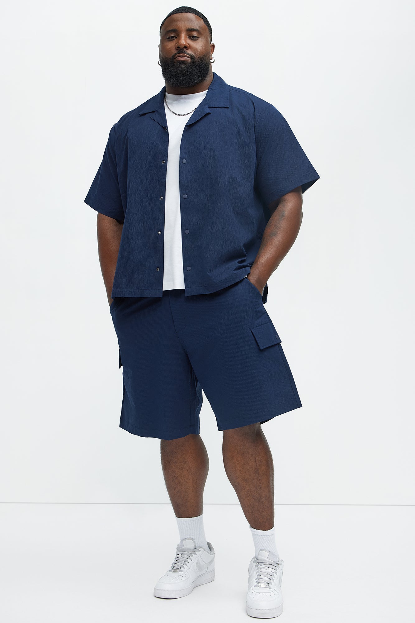 Seersucker Short Sleeve Cuban Collar Shirt - Navy Fashion Nova
