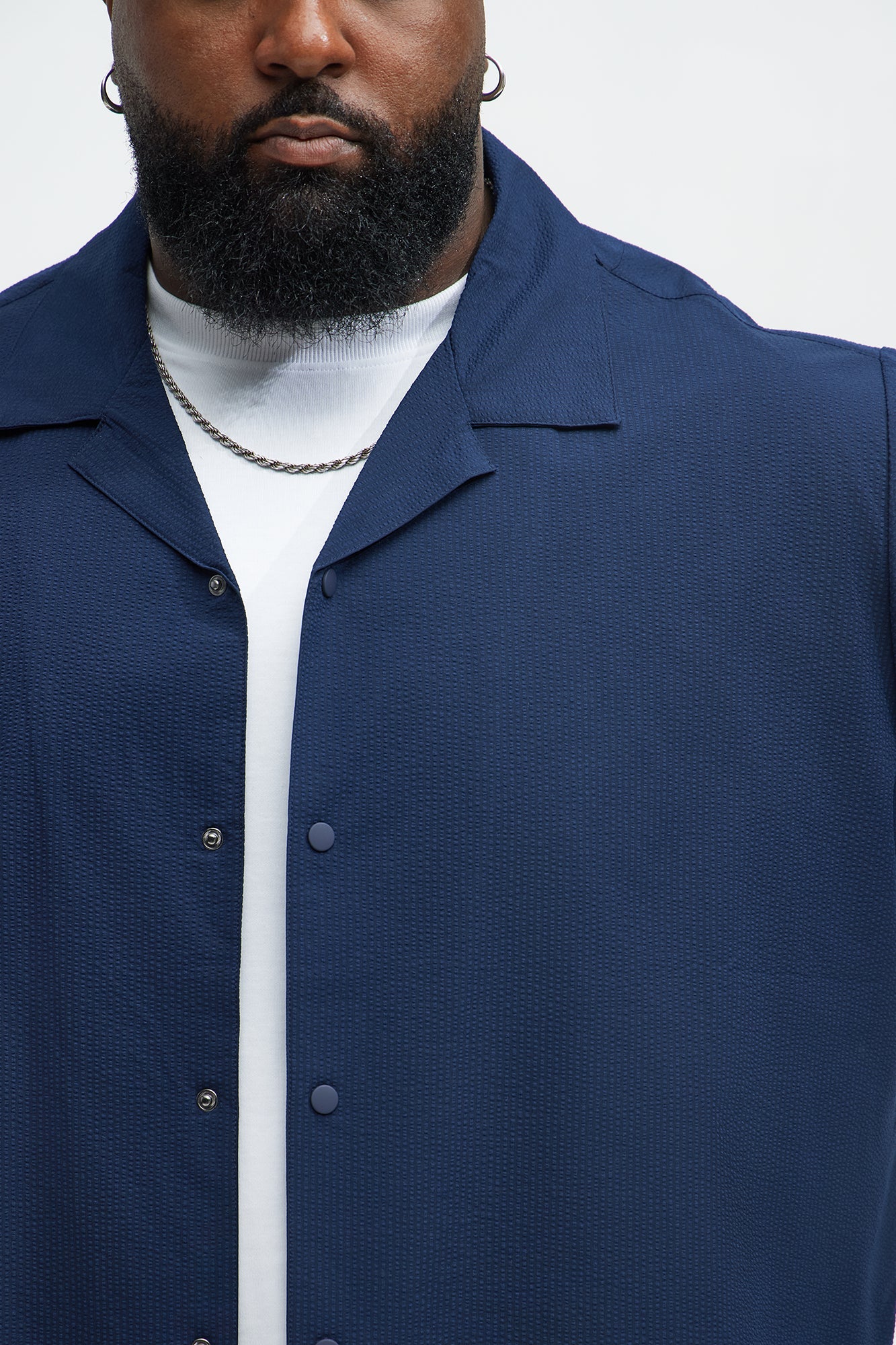 Seersucker Short Sleeve Cuban Collar Shirt - Navy Fashion Nova