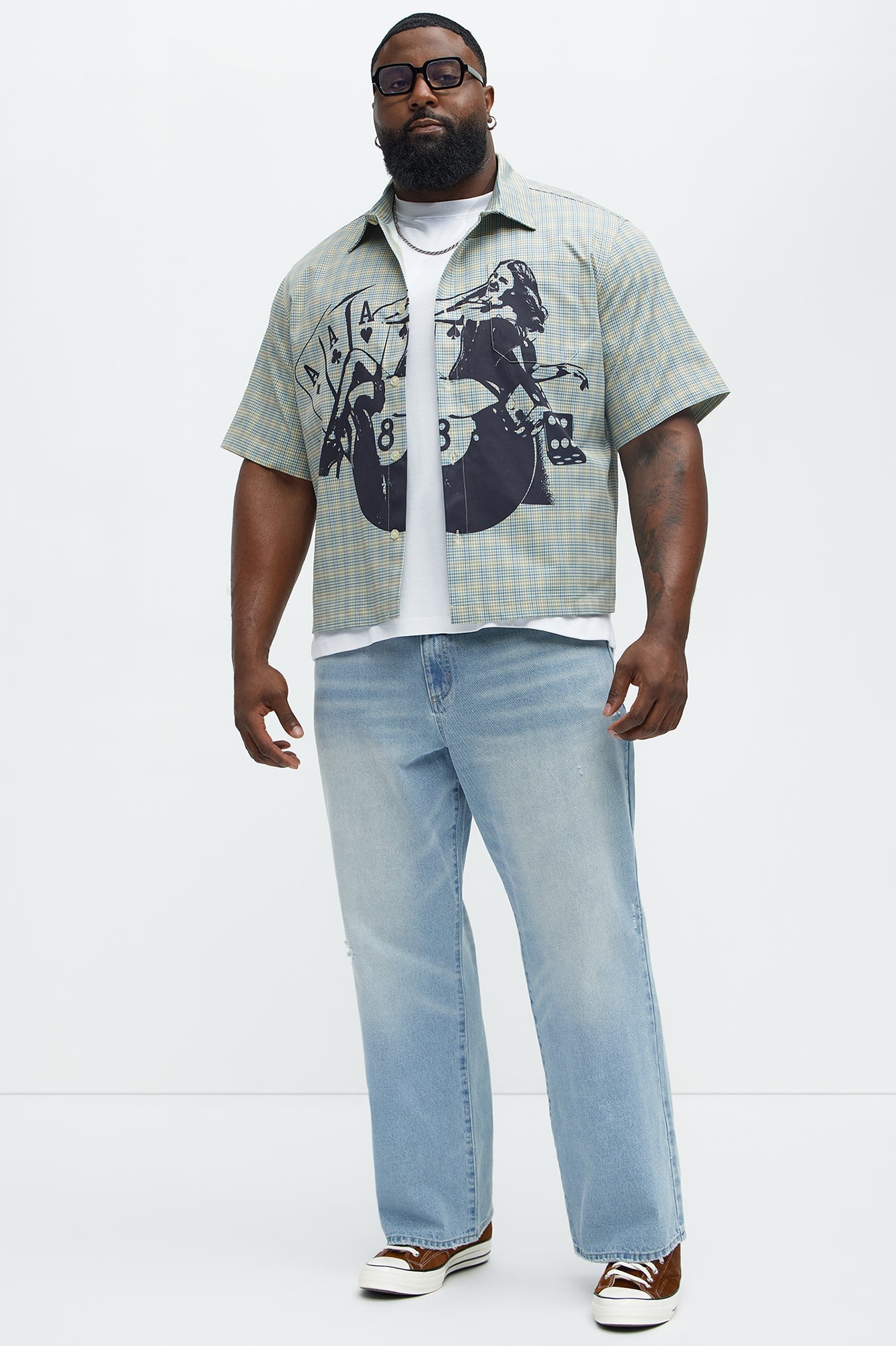 Cropped Pin Up Graphic Button Up Shirt - Green/combo Fashion Nova