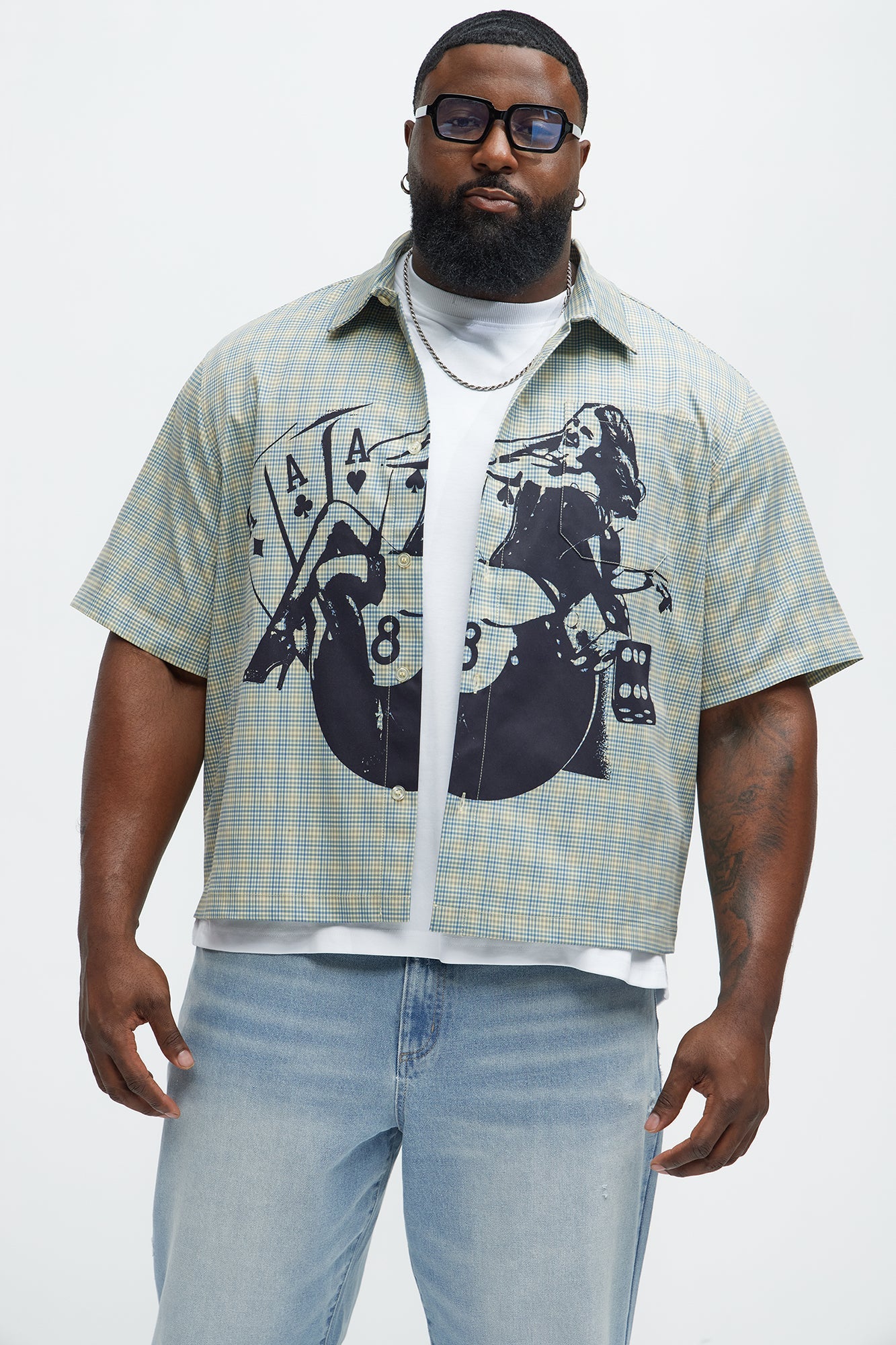 Cropped Pin Up Graphic Button Up Shirt - Green/combo Fashion Nova