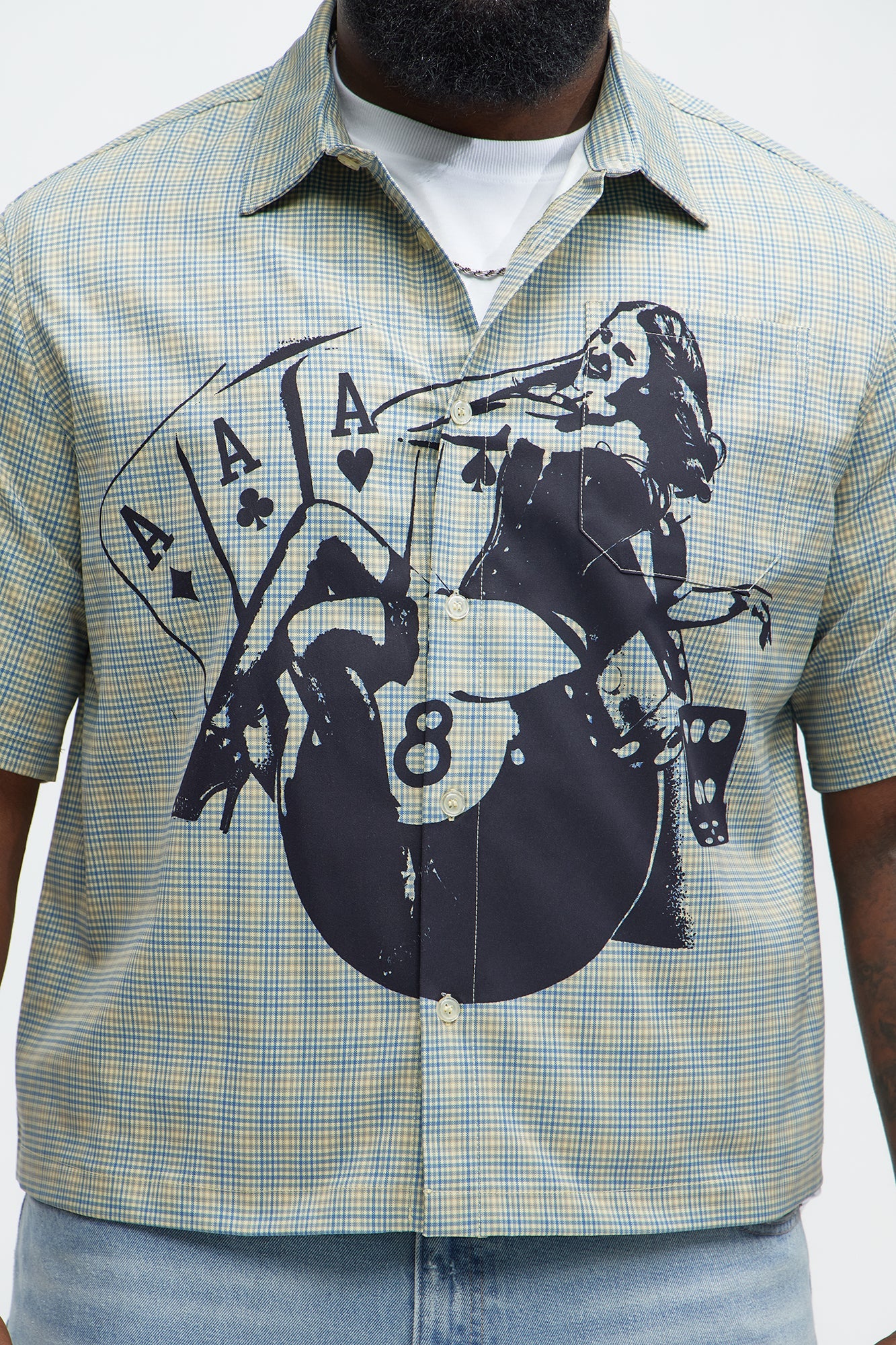 Cropped Pin Up Graphic Button Up Shirt - Green/combo Fashion Nova