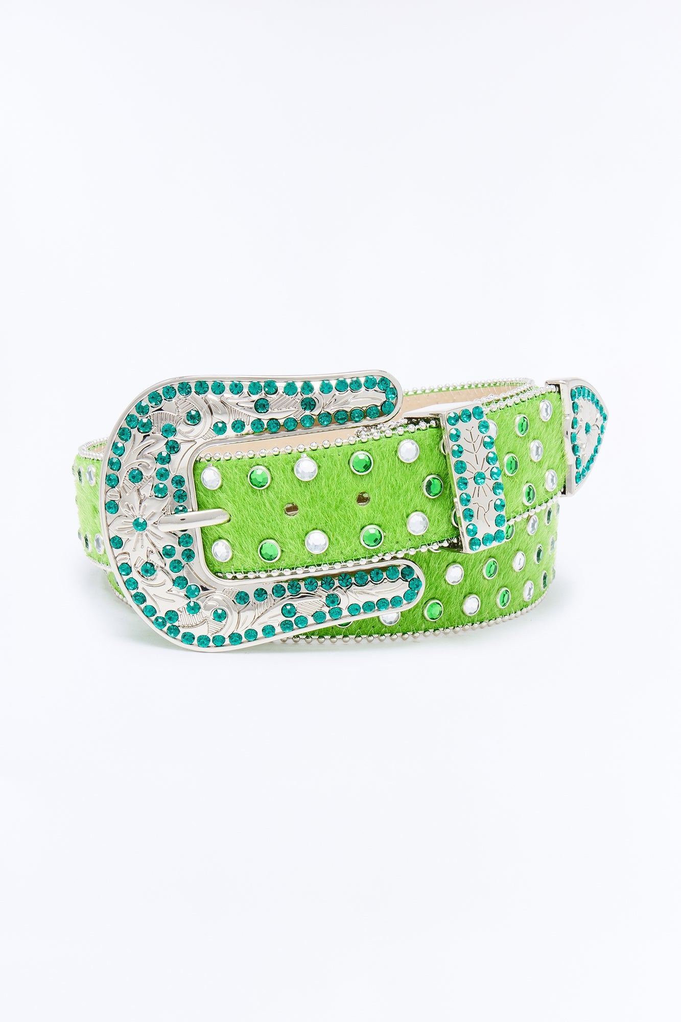 Rhinestone Embellished Faux Pony Hair Western Buckle Belt - Green Fashion Nova