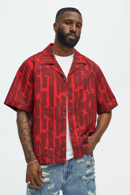 Seersucker Printed Short Sleeve Cuban Collar Shirt - Red/combo Fashion Nova