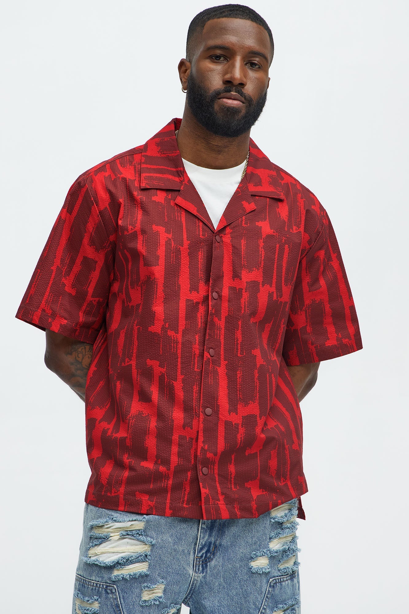 Seersucker Printed Short Sleeve Cuban Collar Shirt - Red/combo Fashion Nova