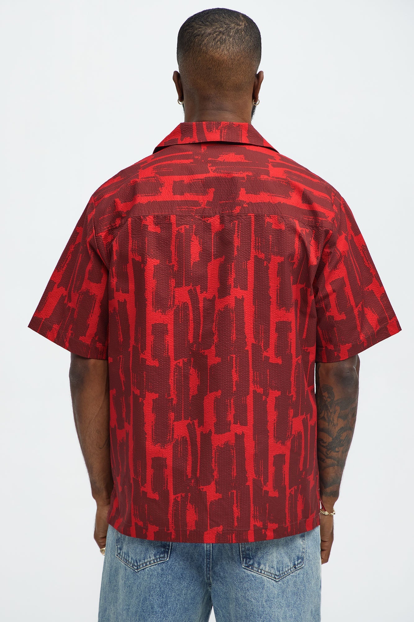 Seersucker Printed Short Sleeve Cuban Collar Shirt - Red/combo Fashion Nova