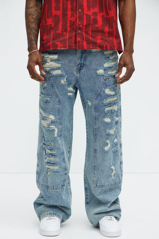 Be About It Distressed Carpenter Baggy Jeans - Light Wash Fashion Nova