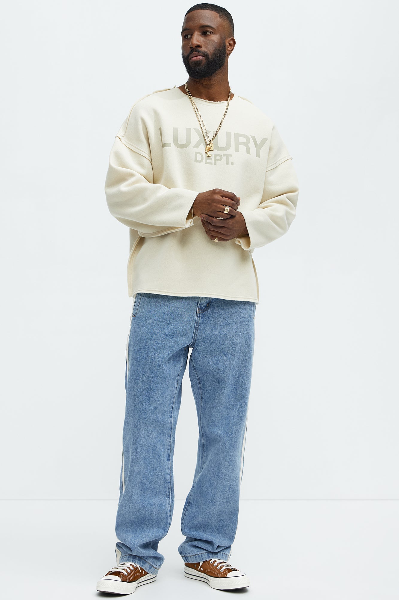 Tyson Luxury Dept Frayed Oversized Sweatshirt - Cream Fashion Nova