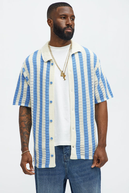 Clark Striped Knit Button Up Shirt - Blue/combo Fashion Nova