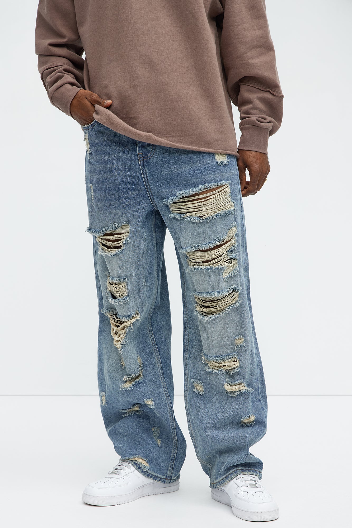 Jefferey Distressed Baggy Jeans - Medium Blue Wash Fashion Nova