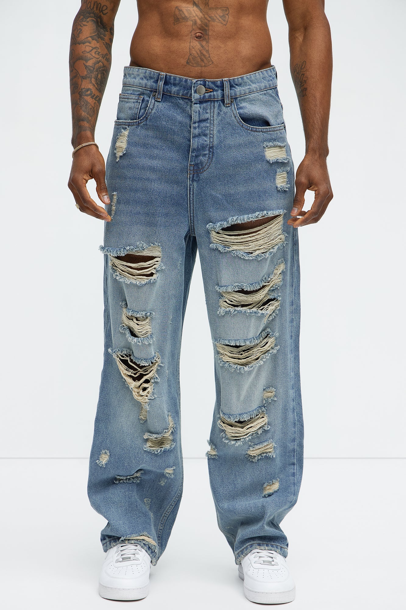 Jefferey Distressed Baggy Jeans - Medium Blue Wash Fashion Nova