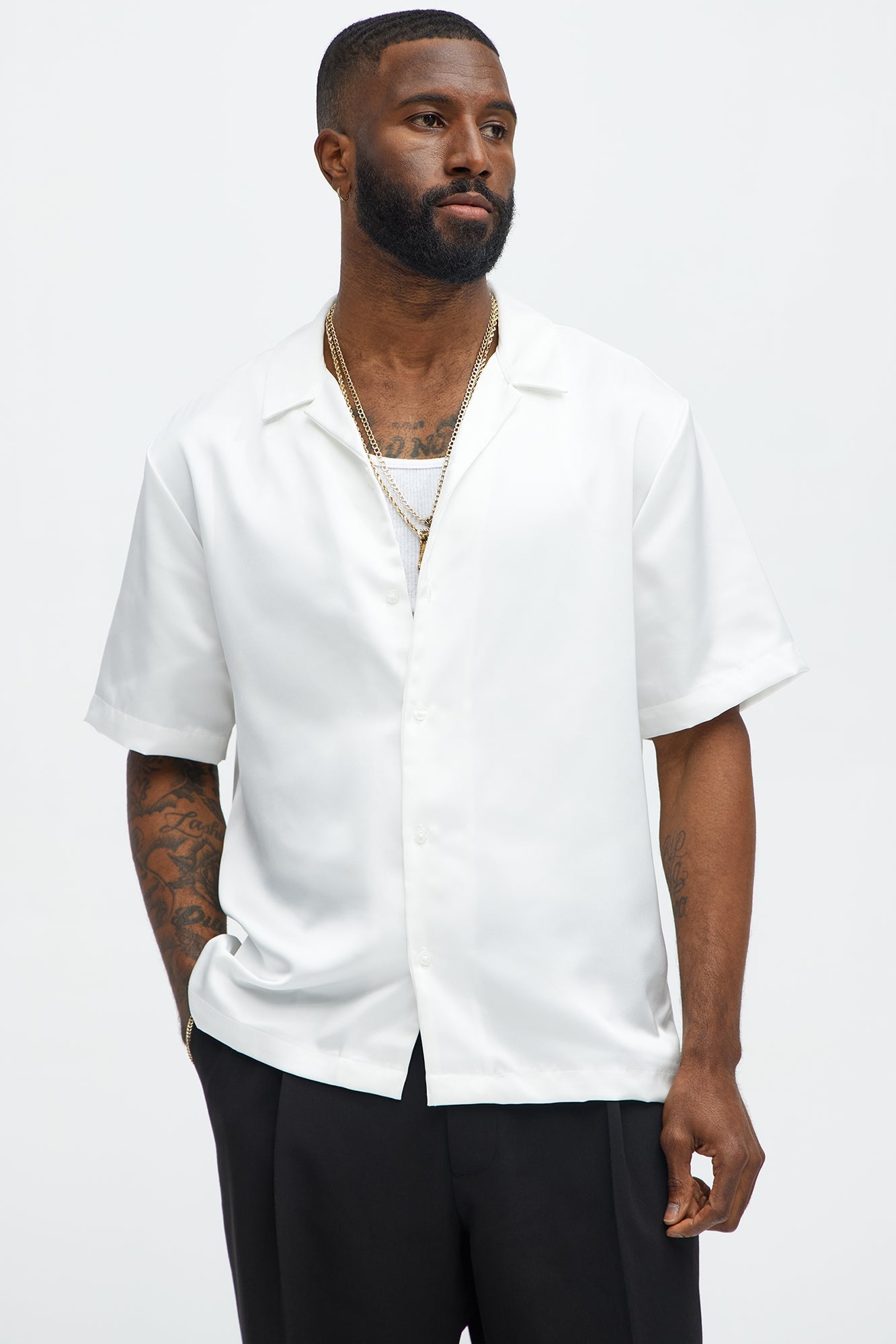 Links Satin Short Sleeve Button Up Shirt - Off White Fashion Nova