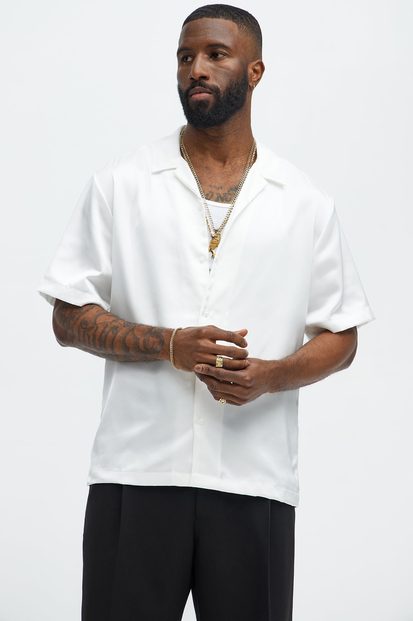 Links Satin Short Sleeve Button Up Shirt - Off White Fashion Nova