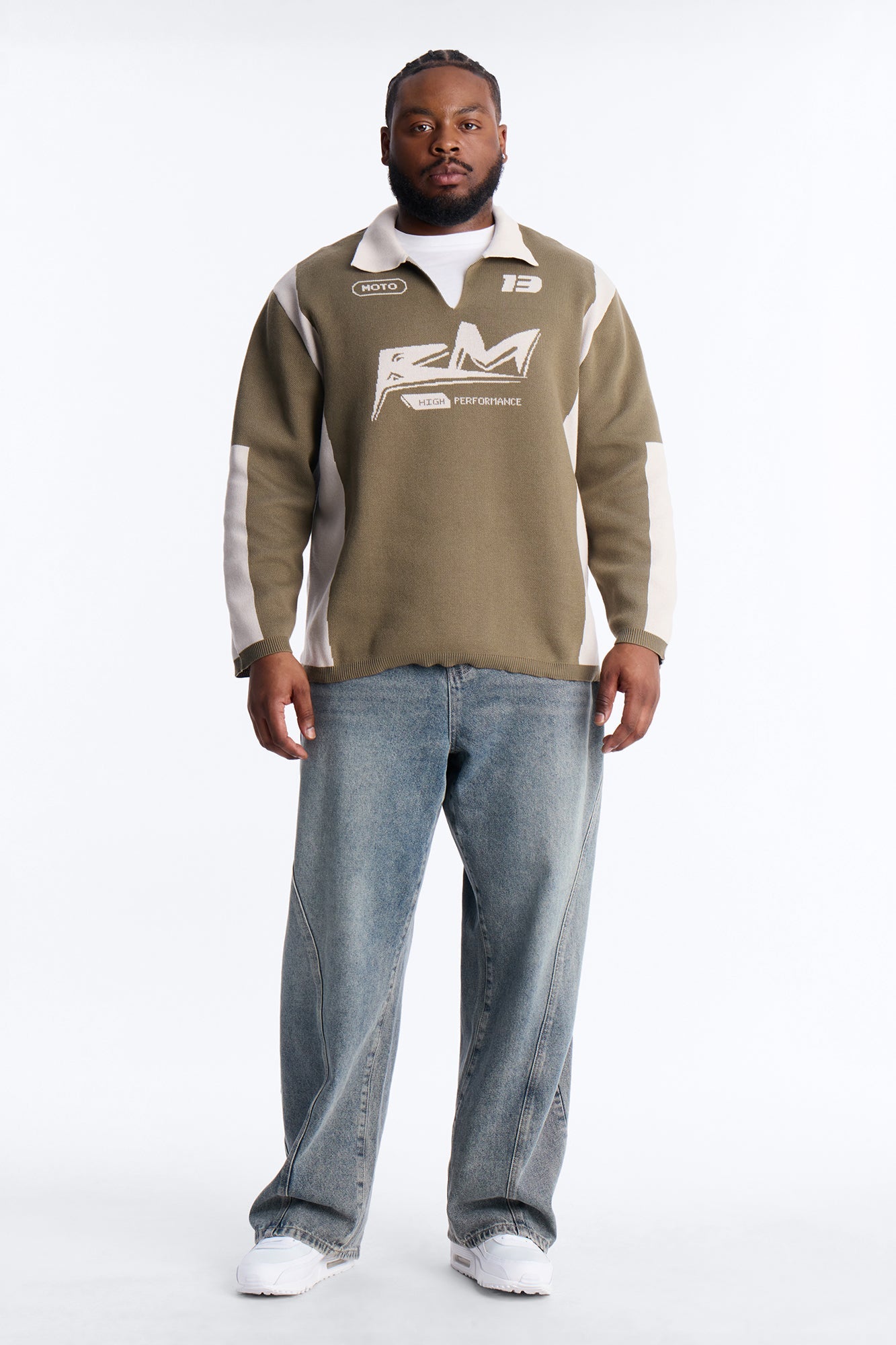 RM Moto Johnny Collar Sweater - Olive/combo Fashion Nova