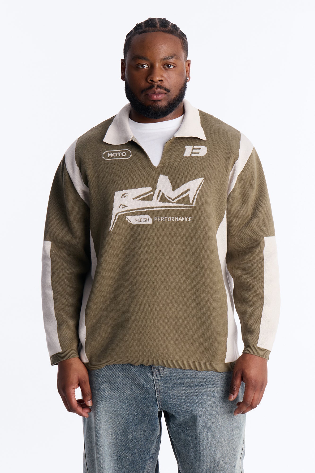 RM Moto Johnny Collar Sweater - Olive/combo Fashion Nova