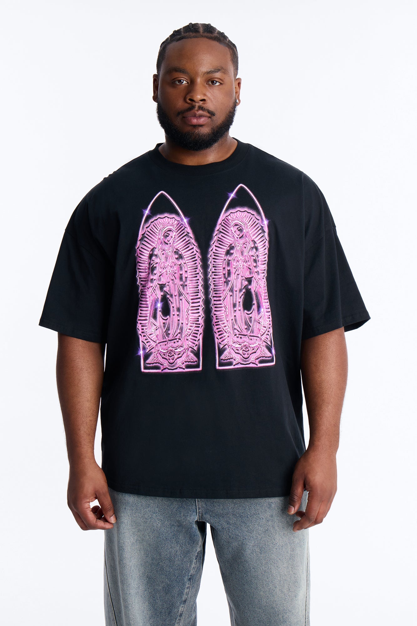 Mother Mary Protect Me Boxy Short Sleeve Tee - Black Fashion Nova