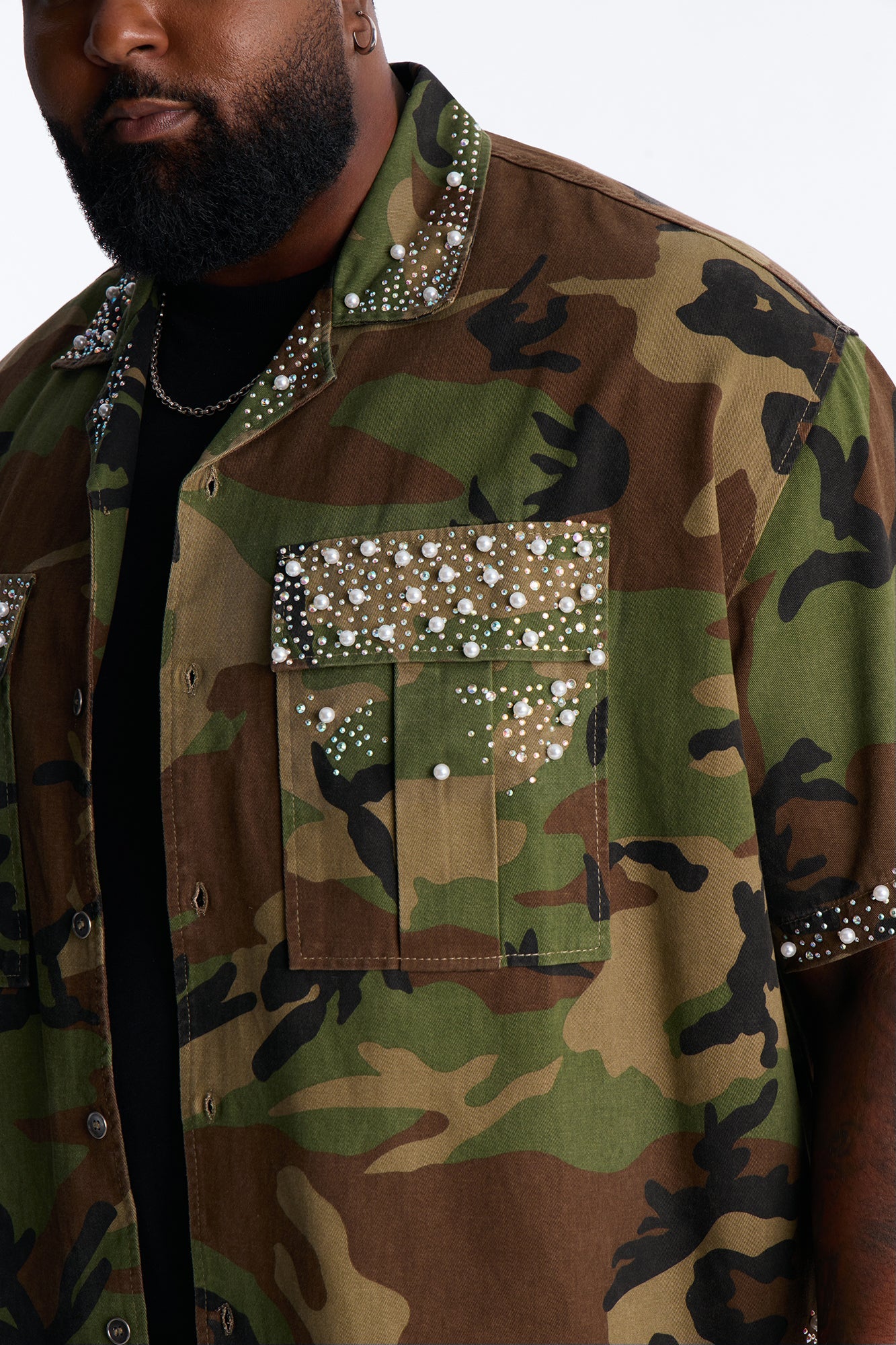 Cropped Pearl World Embellished Shirt - Camouflage Fashion Nova