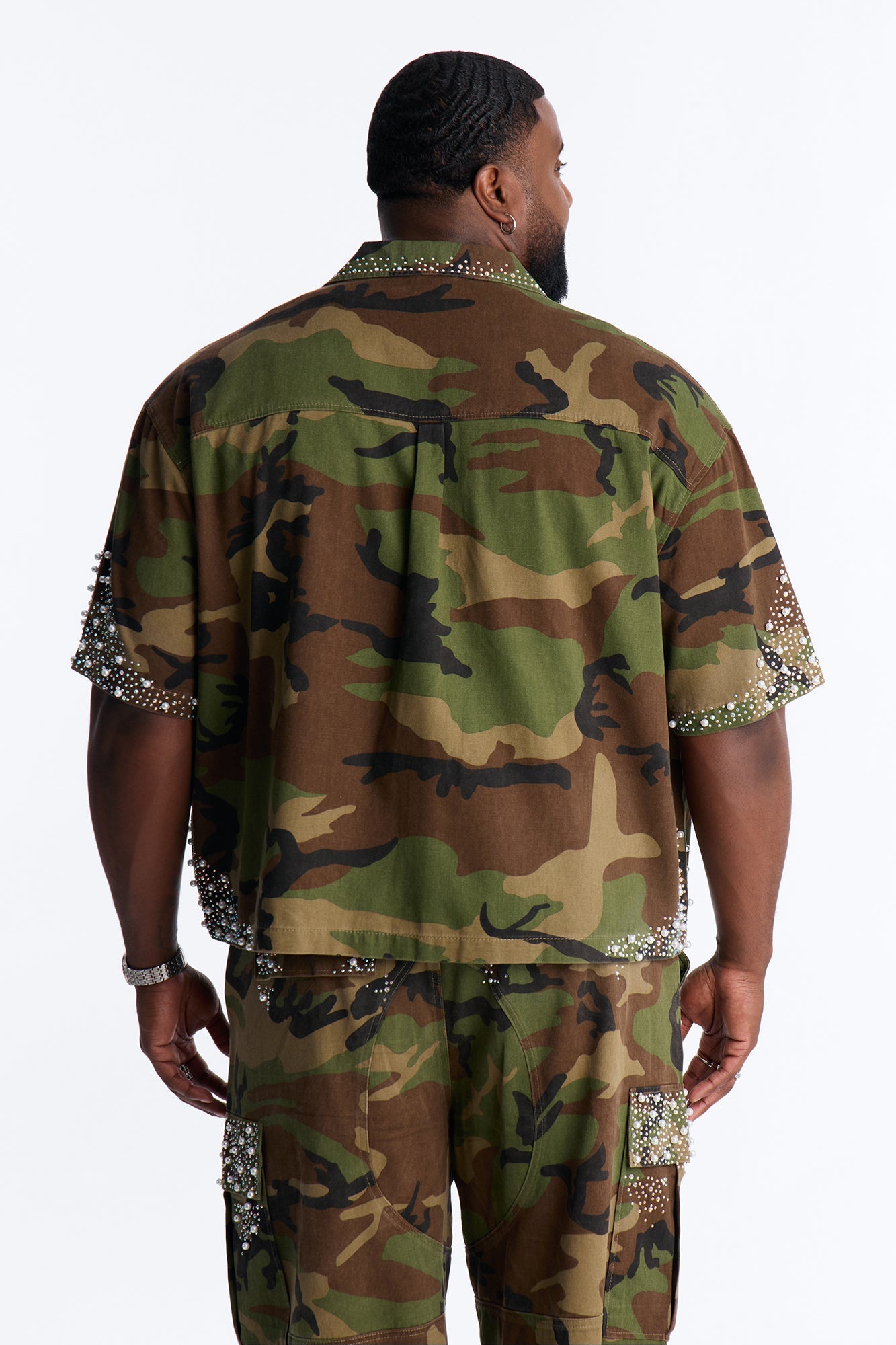 Cropped Pearl World Embellished Shirt - Camouflage Fashion Nova