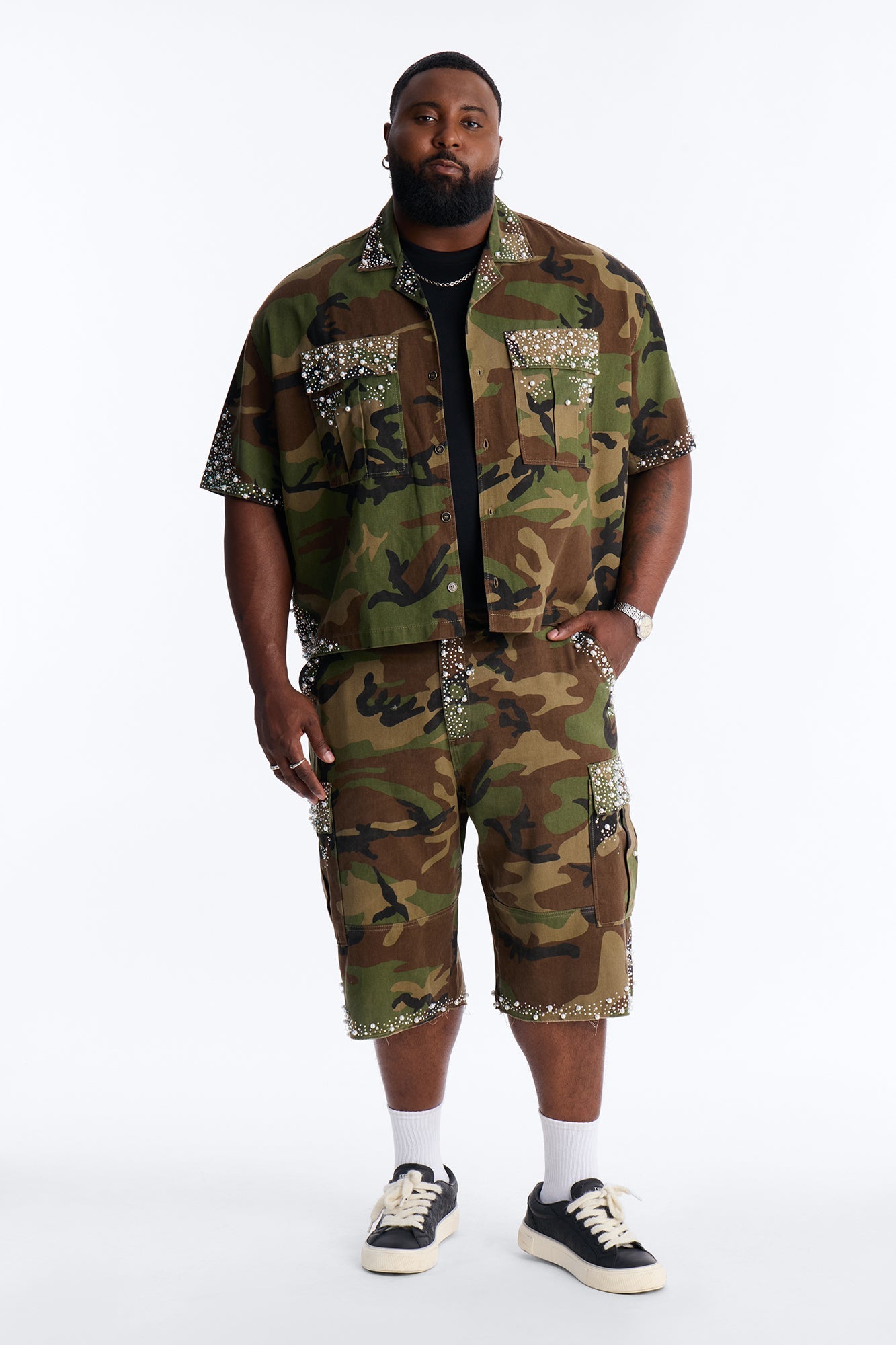 Cropped Pearl World Embellished Shirt - Camouflage Fashion Nova