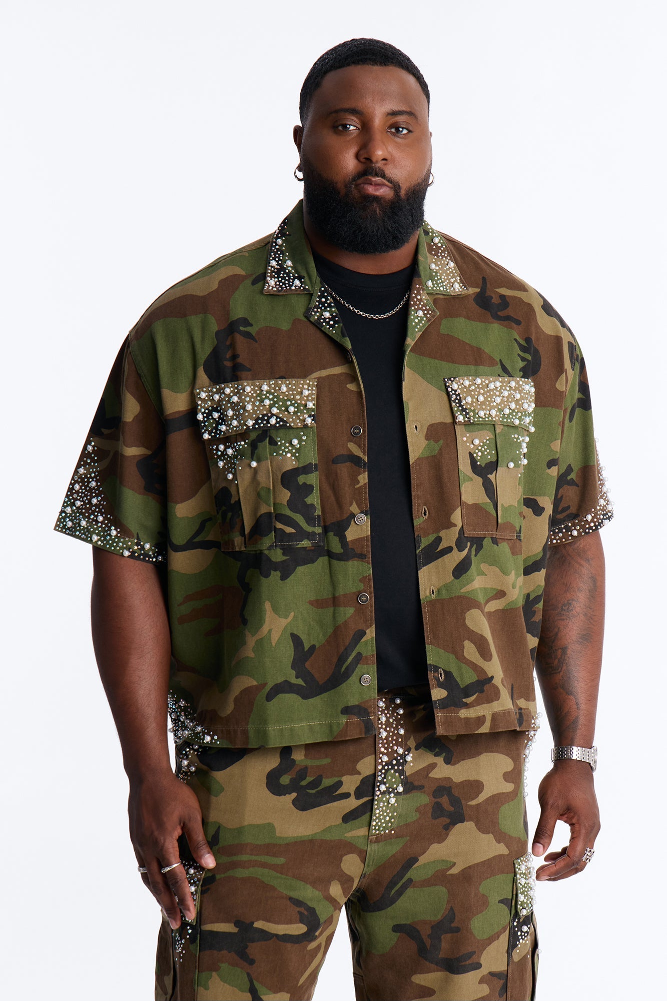 Cropped Pearl World Embellished Shirt - Camouflage Fashion Nova