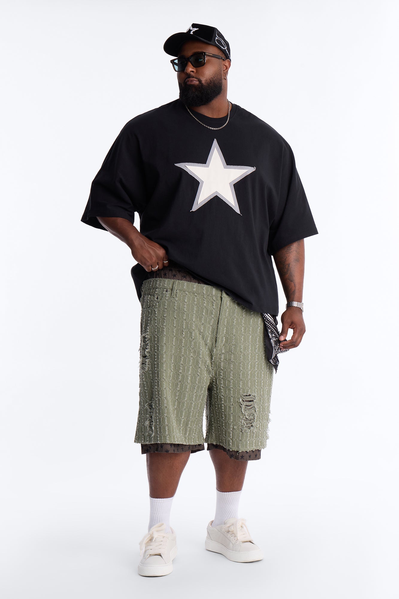 Baggy Double Waisted Stars And Distressed Short - Olive Fashion Nova