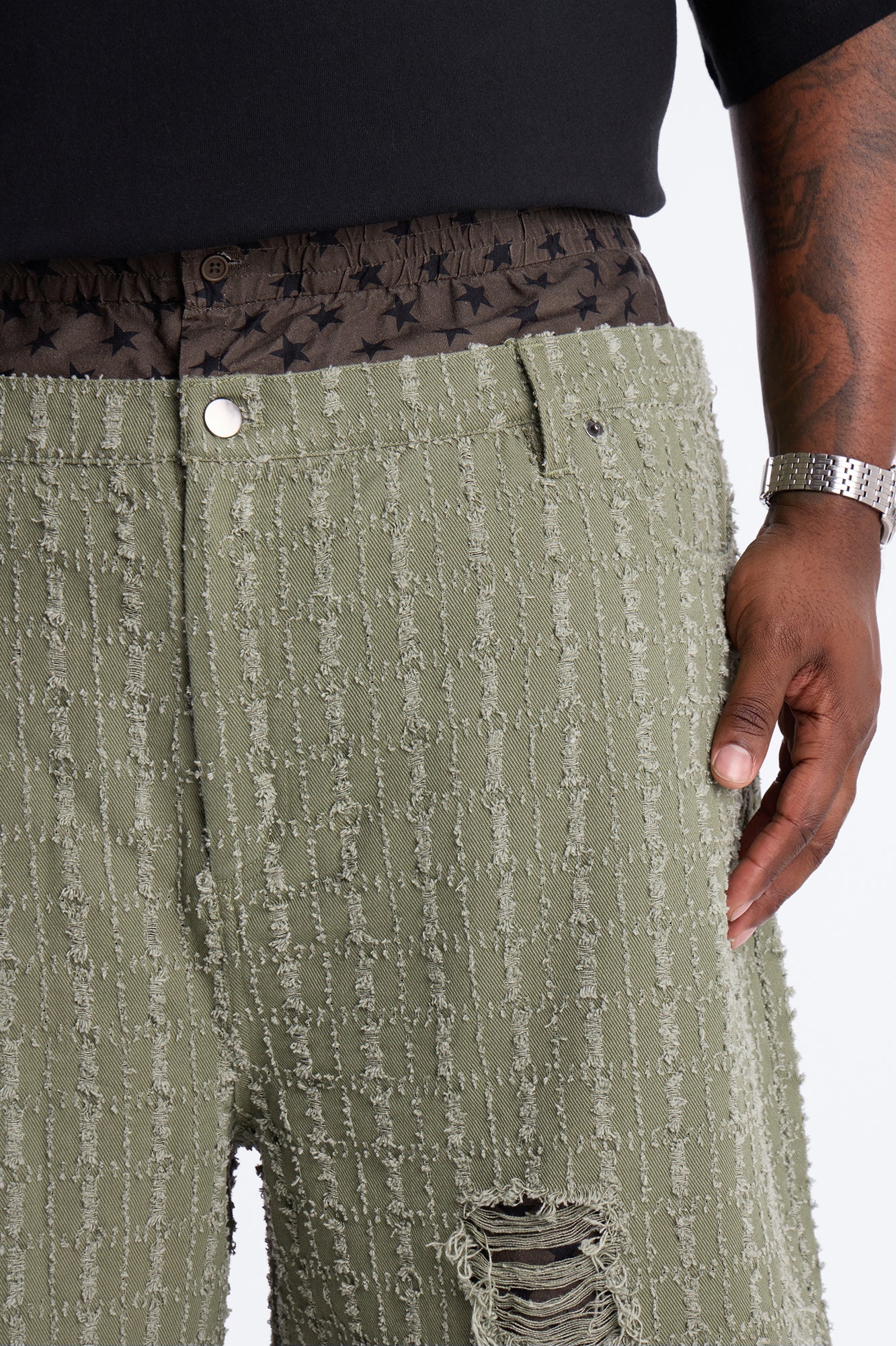 Baggy Double Waisted Stars And Distressed Short - Olive Fashion Nova