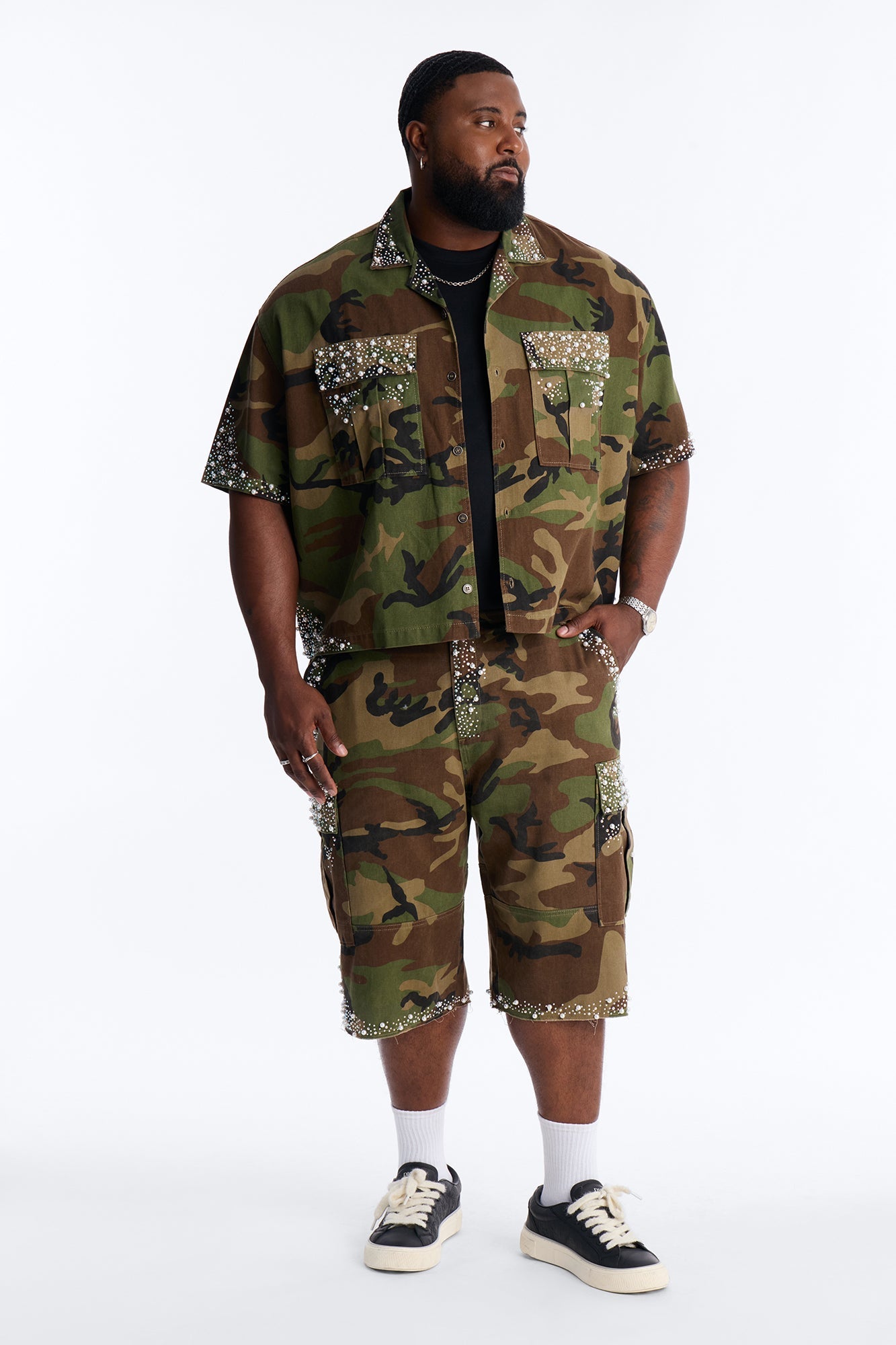 Baggy Pearl World Embellished Short - Camouflage Fashion Nova