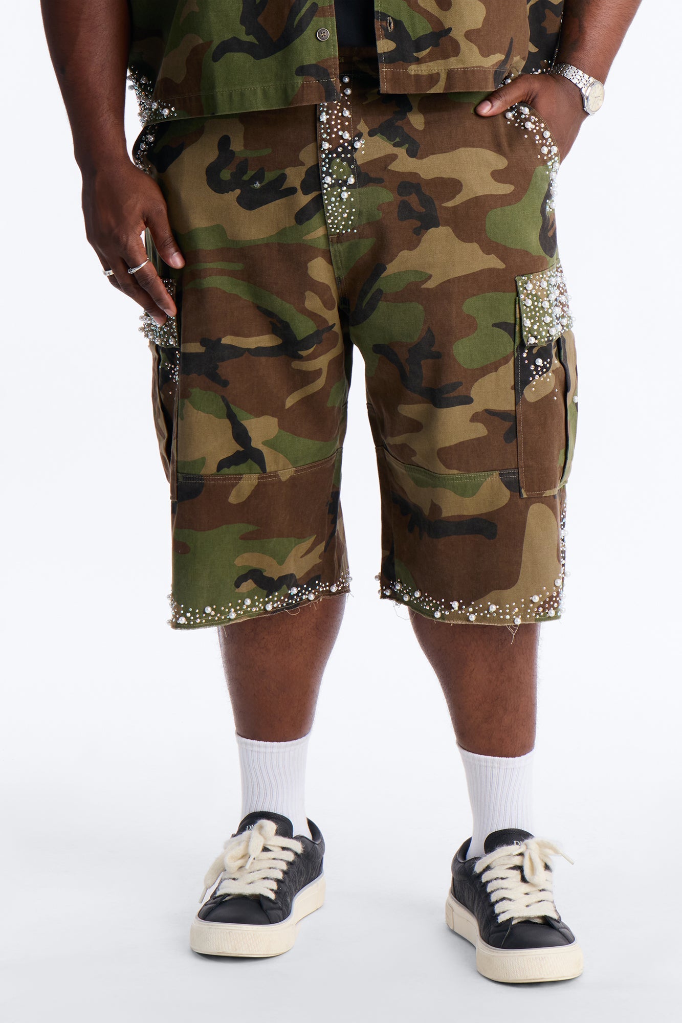 Baggy Pearl World Embellished Short - Camouflage Fashion Nova