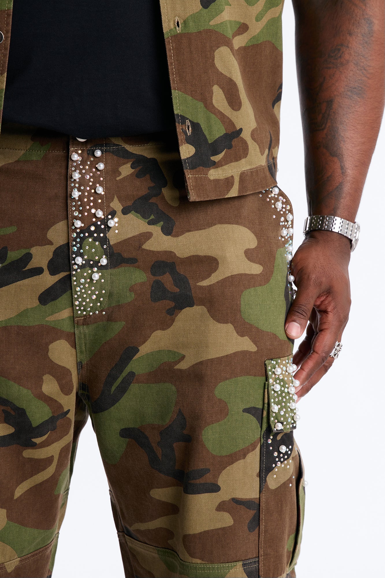 Baggy Pearl World Embellished Short - Camouflage Fashion Nova