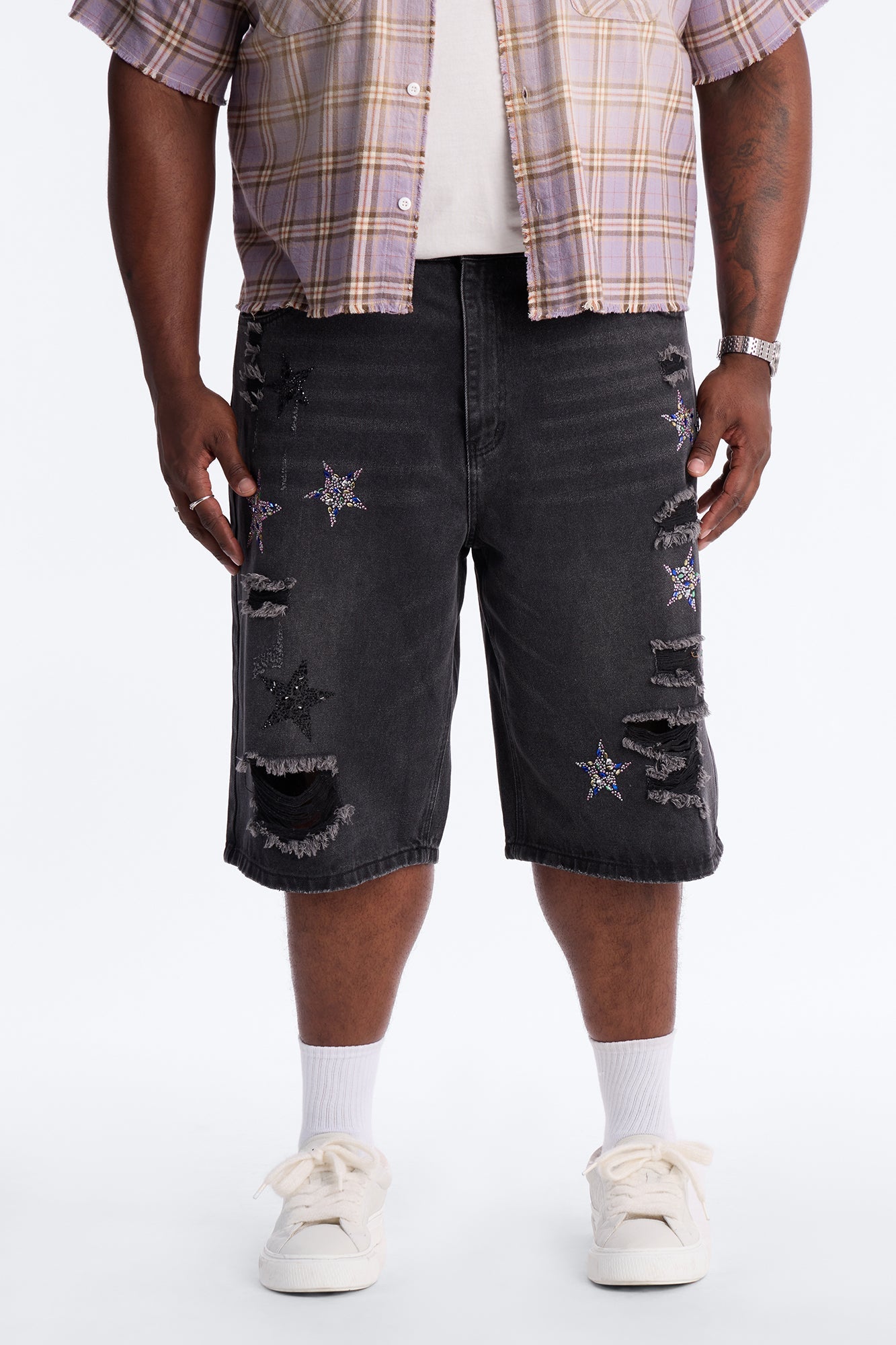 Cosmic Jeweled Baggy Denim Short - Black Wash Fashion Nova