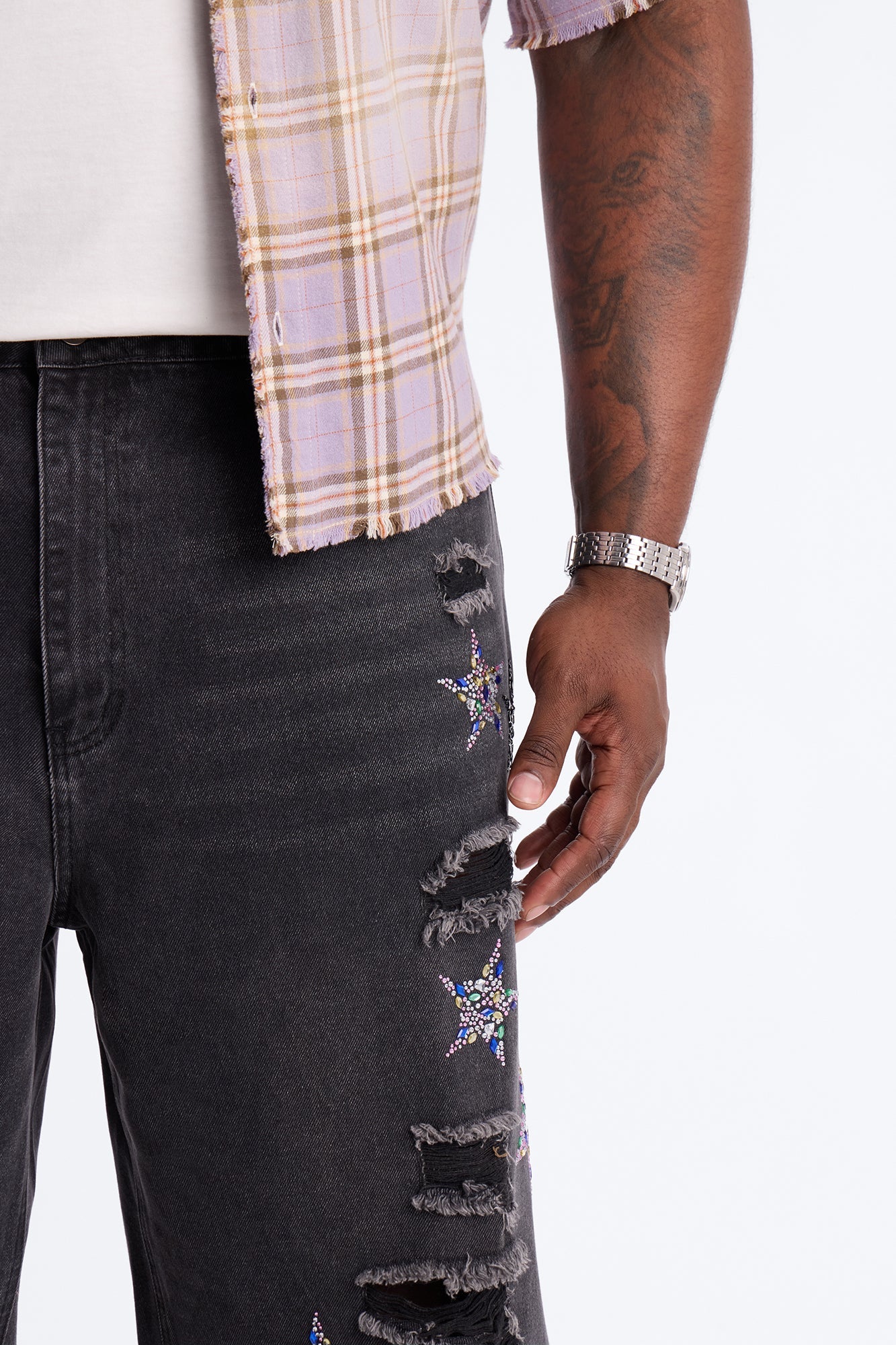 Cosmic Jeweled Baggy Denim Short - Black Wash Fashion Nova