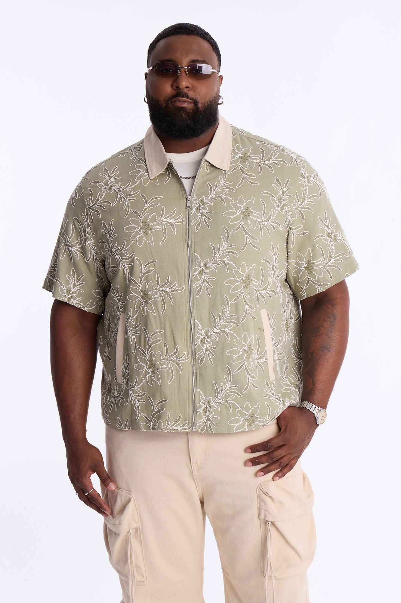 Relaxed Island Riot Embroidered Zip Shirt - Olive Fashion Nova