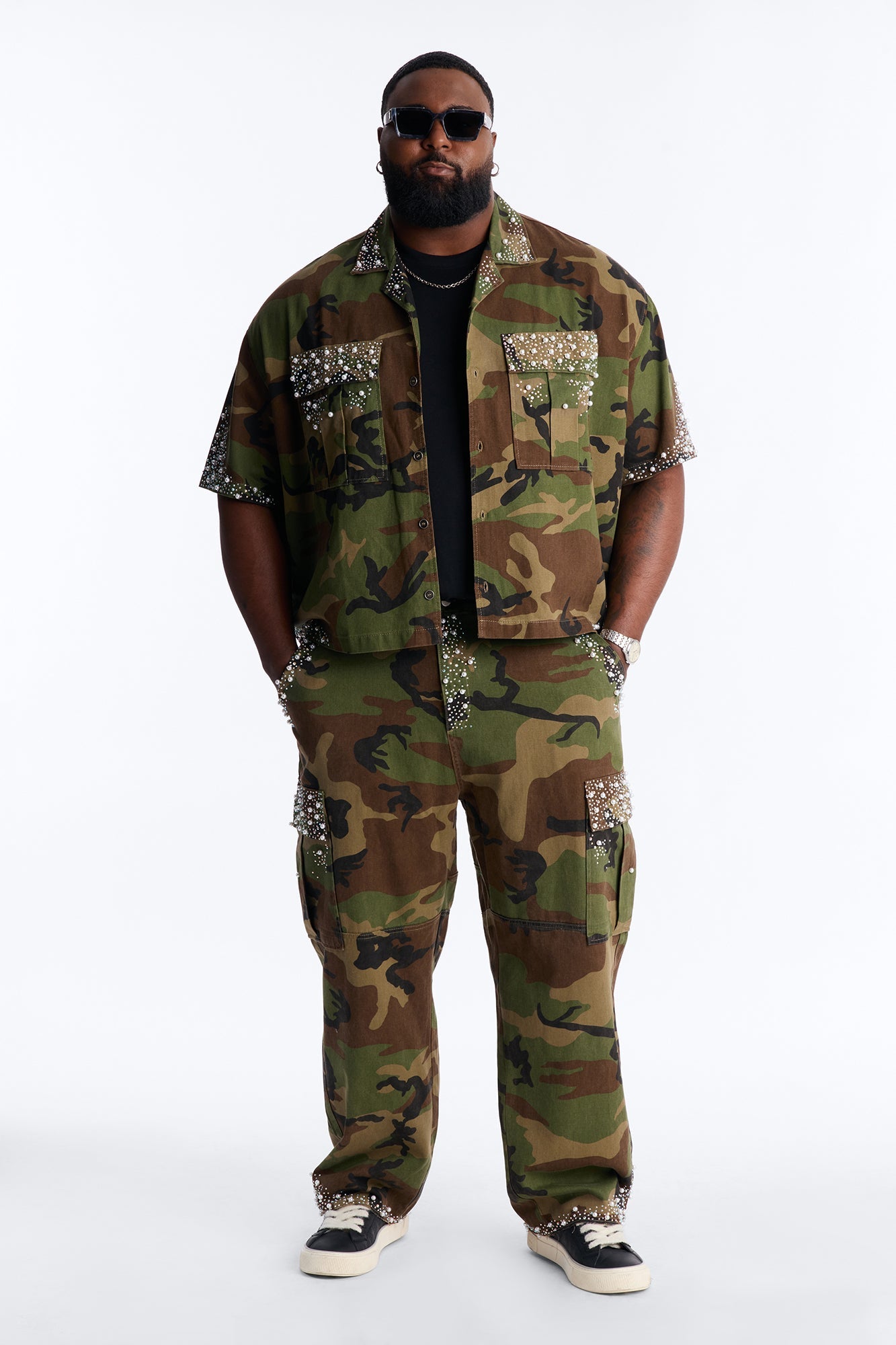 Baggy Pearl World Embellished Pant - Camouflage Fashion Nova