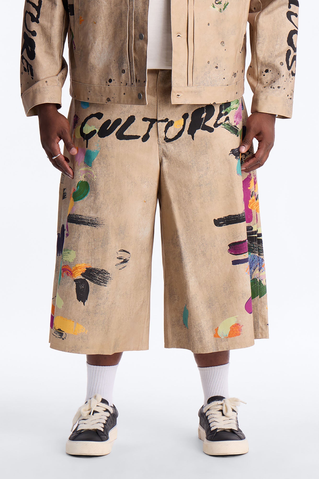 Super Baggy Culture Society Paint Splatter Short - Khaki Fashion Nova