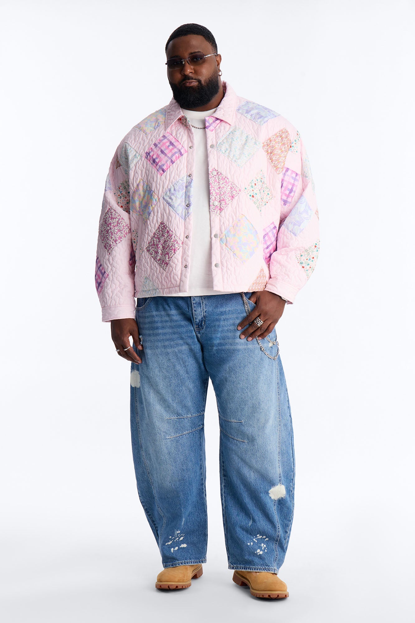 Cropped Quilted Frayed Patchwork Work Jacket - Pink Fashion Nova