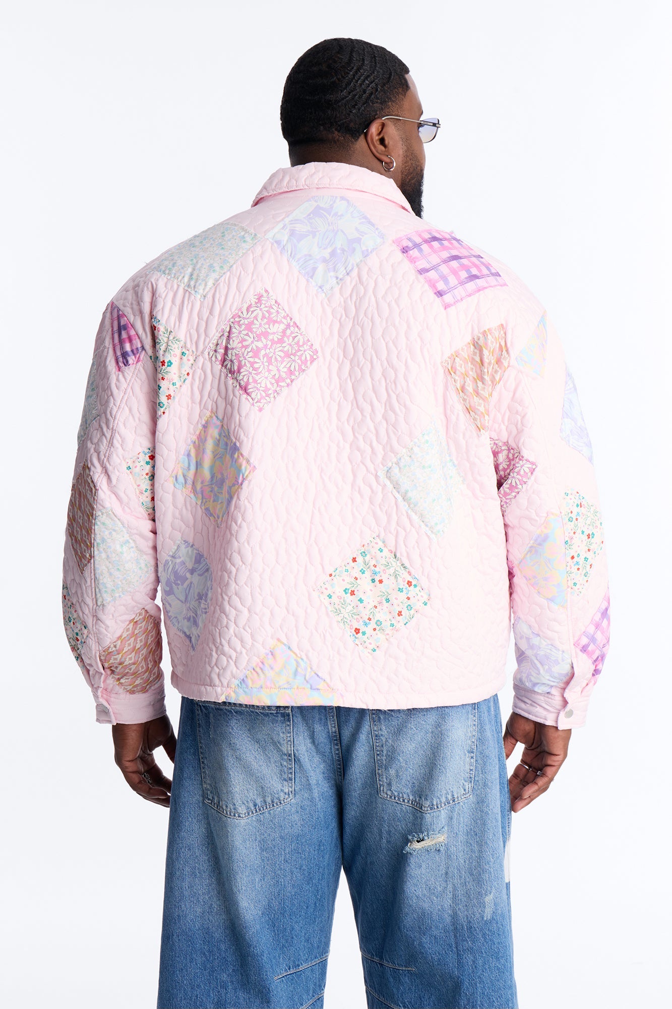 Cropped Quilted Frayed Patchwork Work Jacket - Pink Fashion Nova