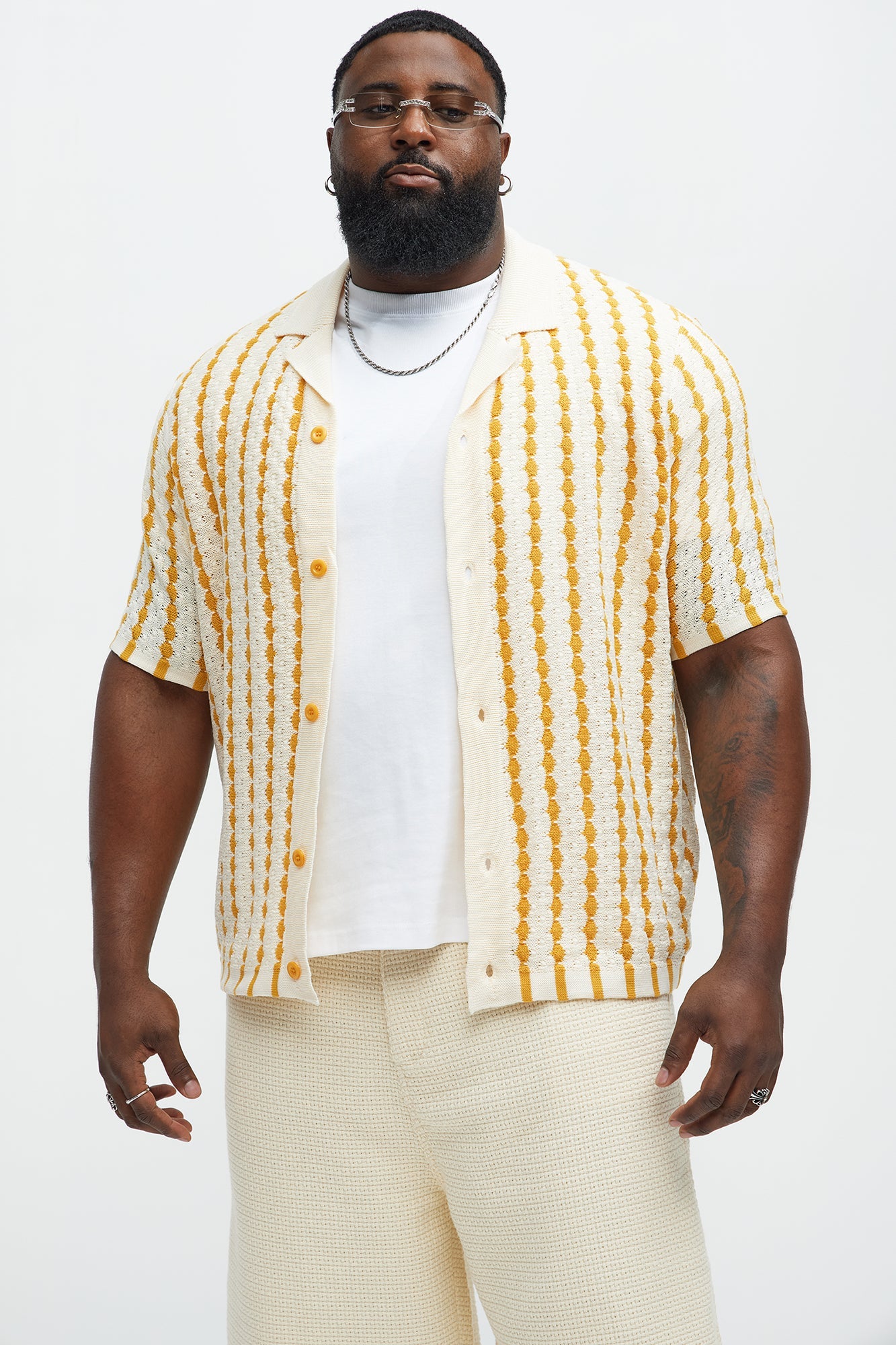 Benny Short Sleeve Crochet Cuban Shirt - Mustard Fashion Nova