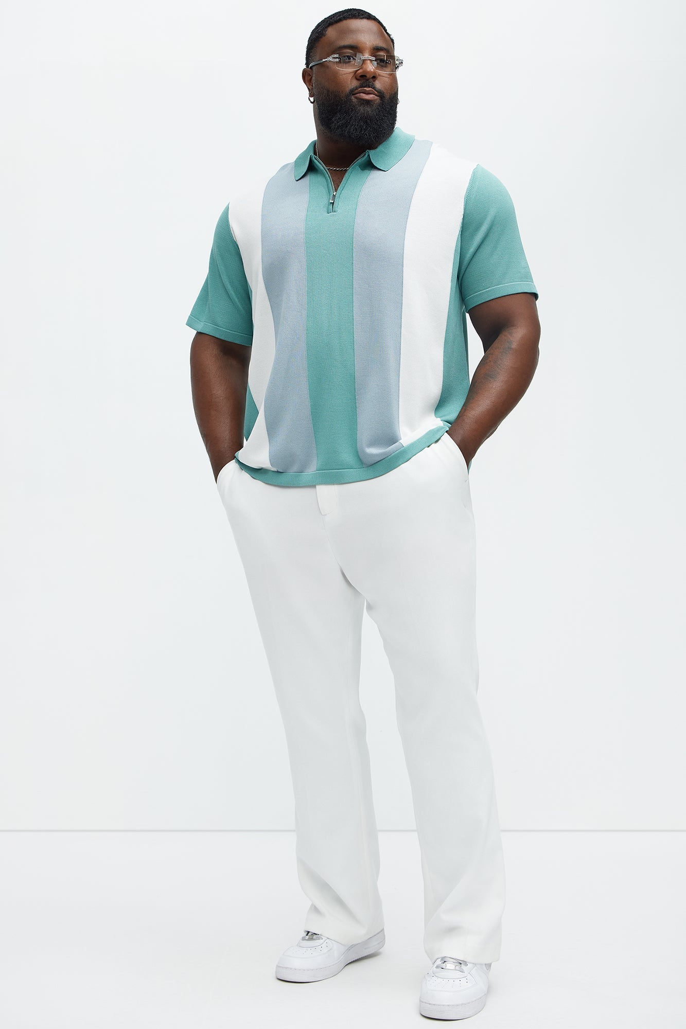Brady Striped Knit Zip Polo - Sage/combo Fashion Nova