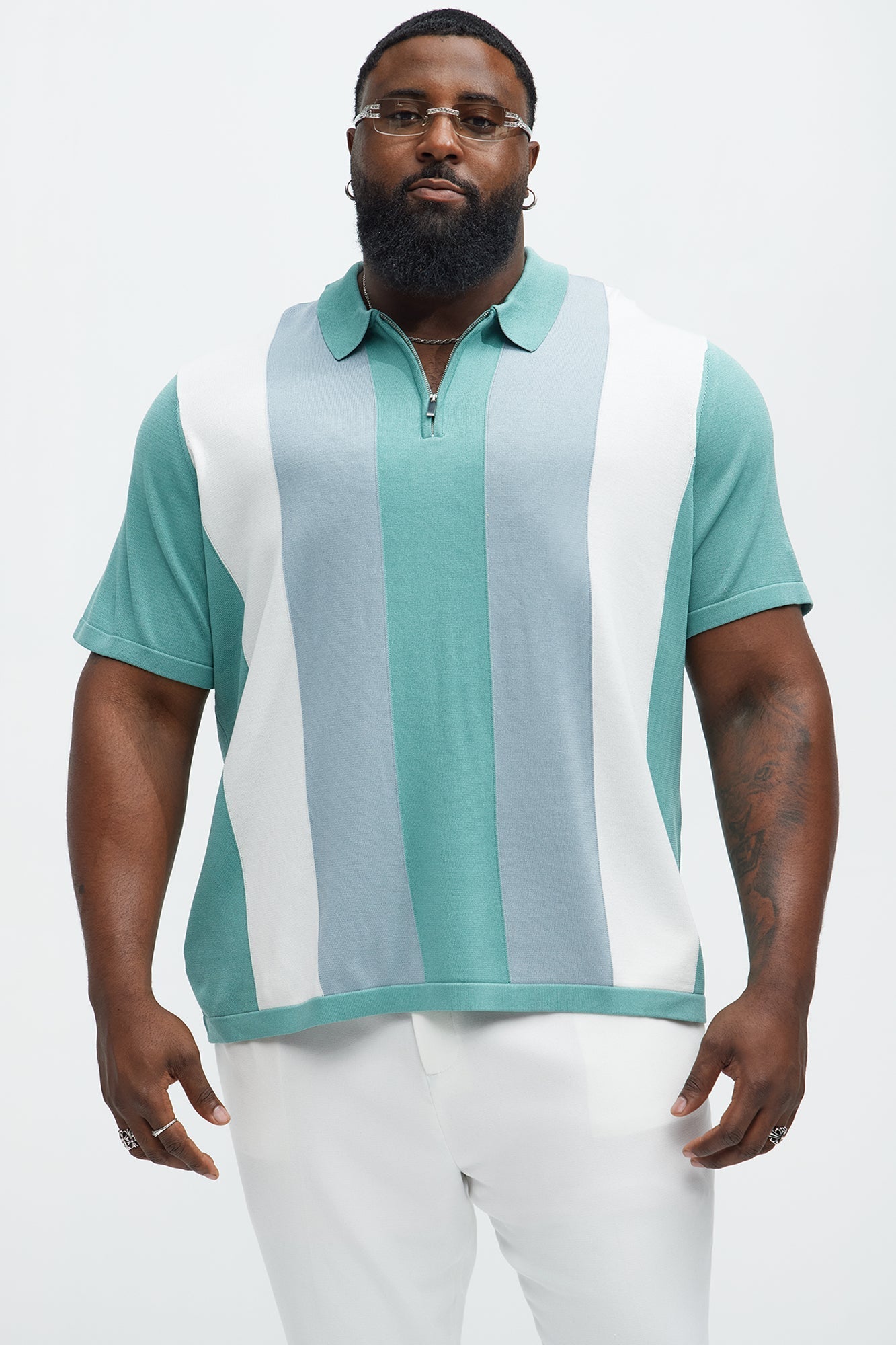 Brady Striped Knit Zip Polo - Sage/combo Fashion Nova