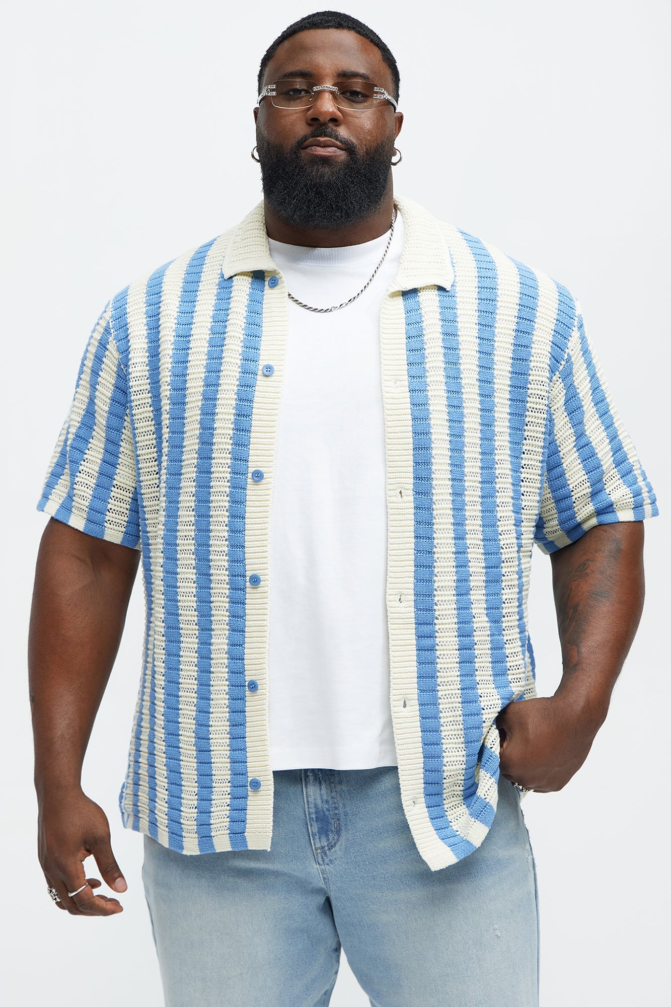 Clark Striped Knit Button Up Shirt - Blue/combo Fashion Nova