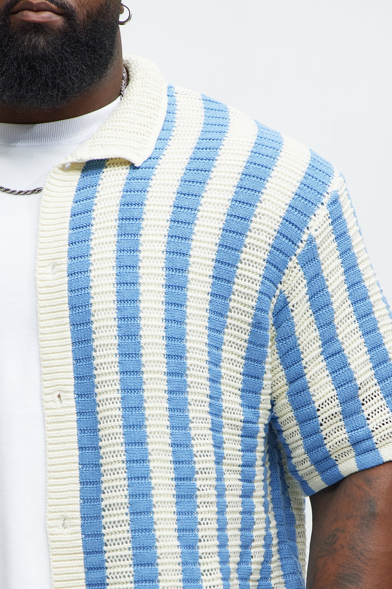 Clark Striped Knit Button Up Shirt - Blue/combo Fashion Nova