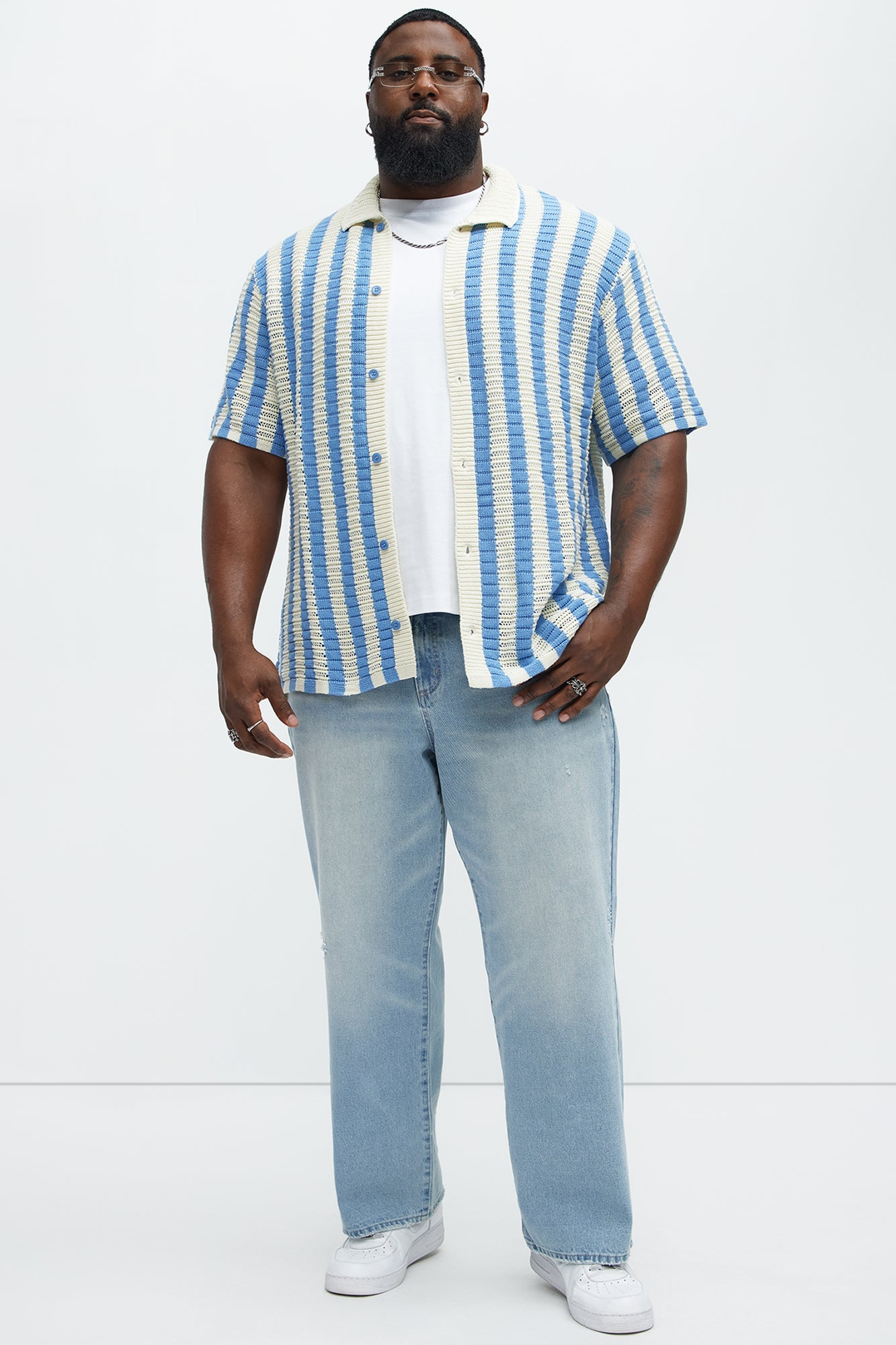 Clark Striped Knit Button Up Shirt - Blue/combo Fashion Nova