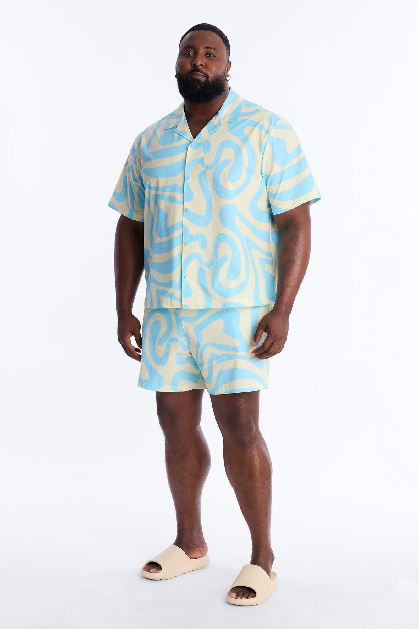 Relaxed Groovy Abstract Printed Seersucker Cuban Collar Button Up Shirt - Blue Fashion Nova