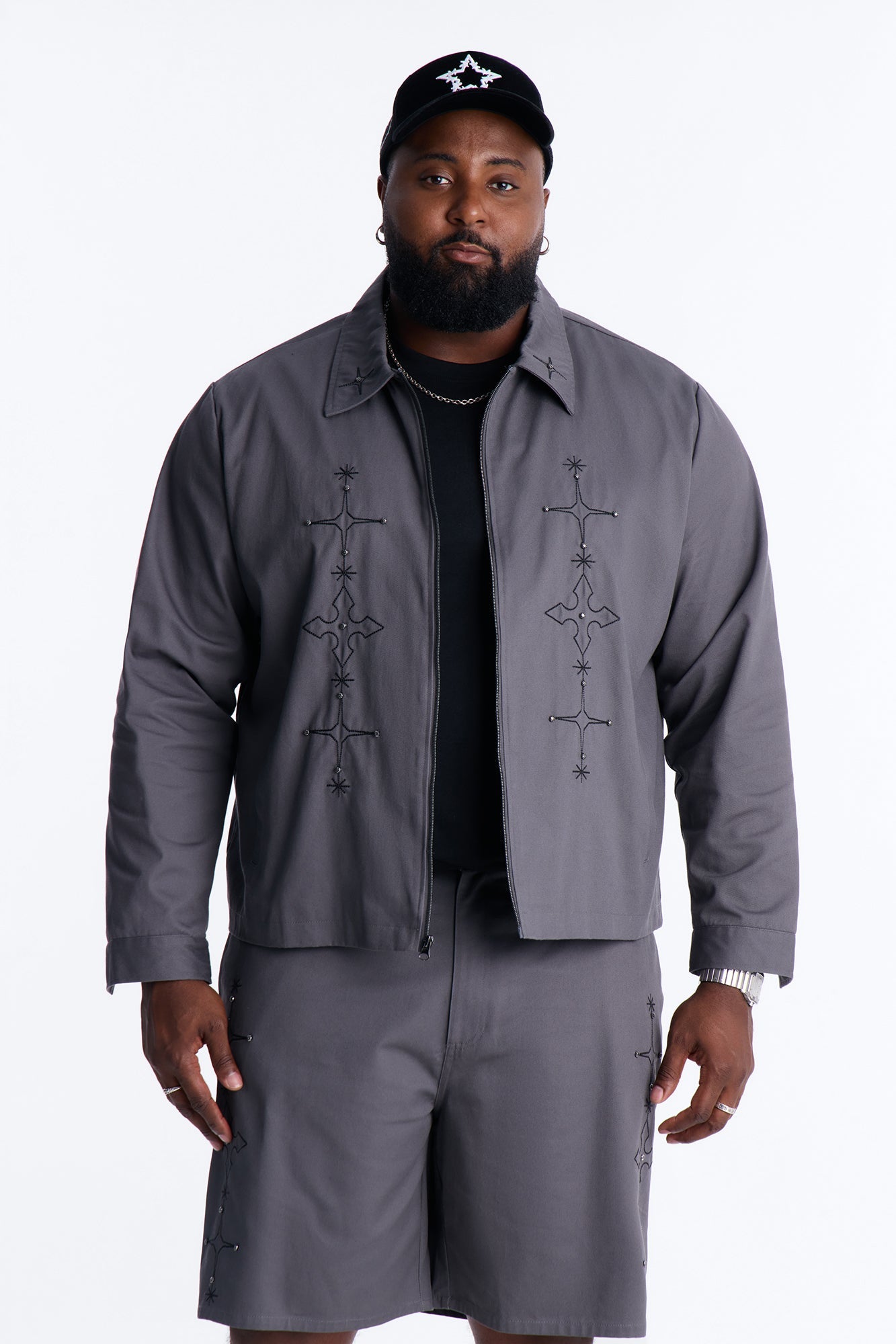 Vatican City Stitched Embellished Work Jacket - Grey Fashion Nova