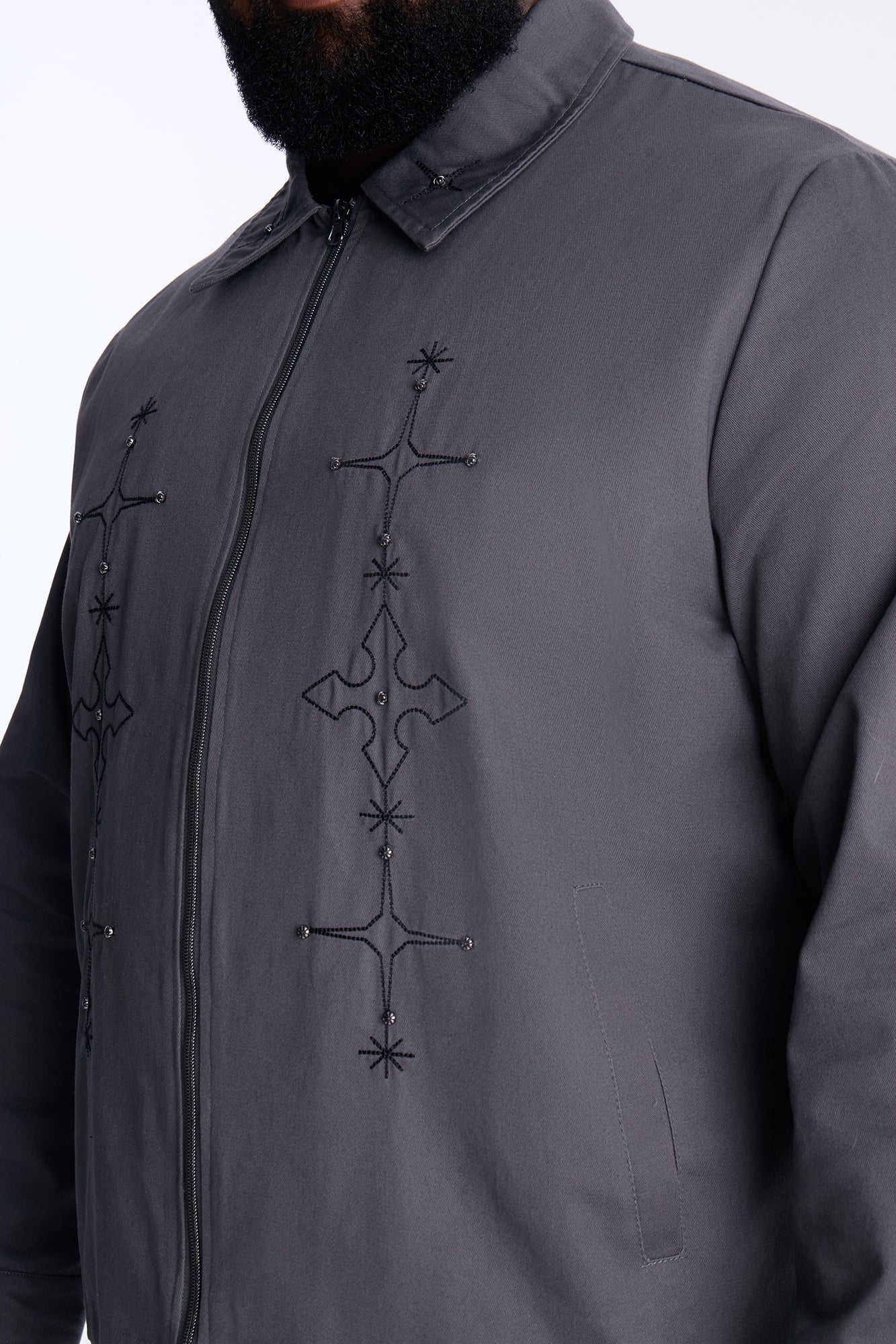Vatican City Stitched Embellished Work Jacket - Grey Fashion Nova
