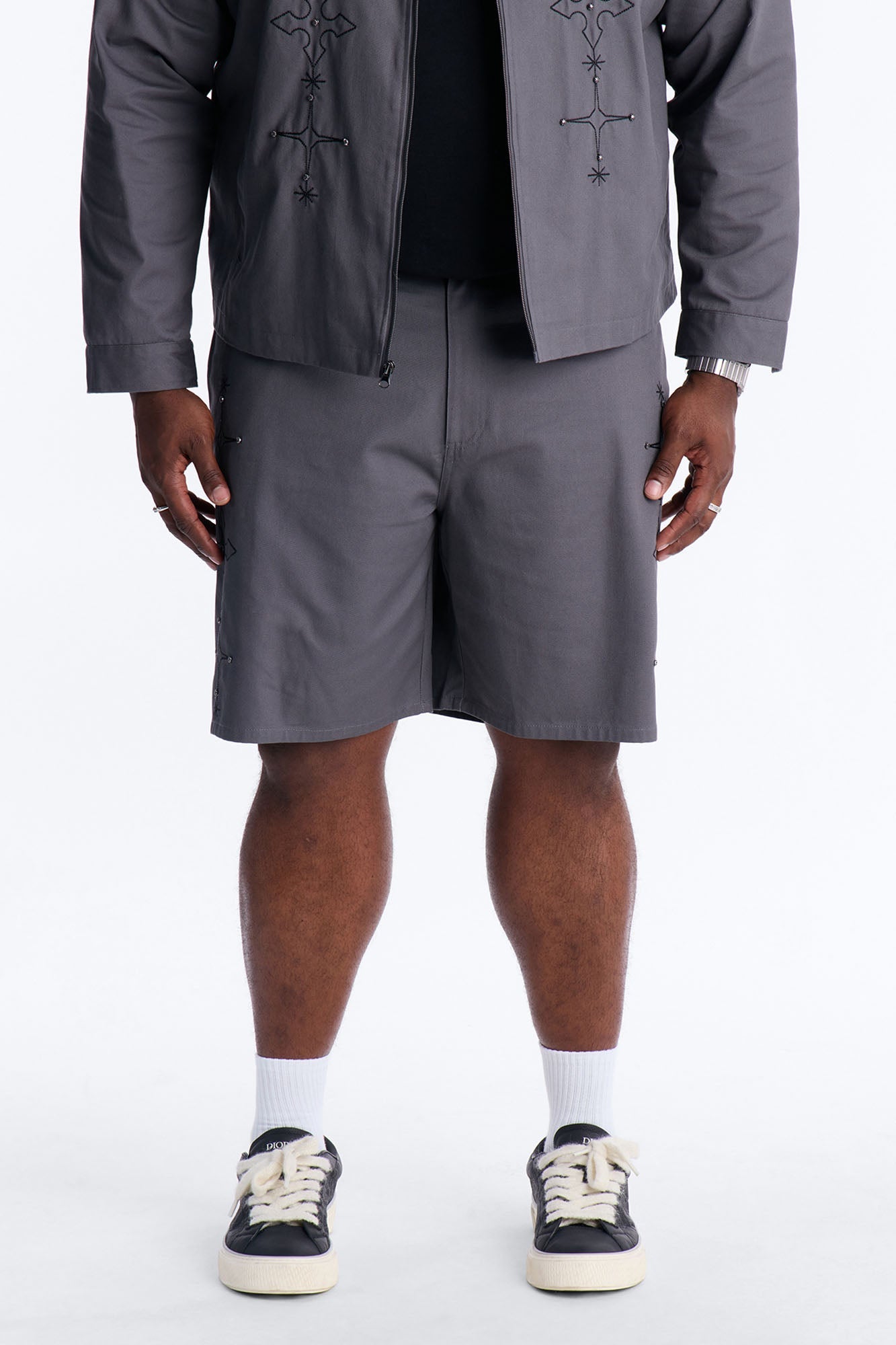 Relaxed Vatican City Stitched Embellished Short - Grey Fashion Nova