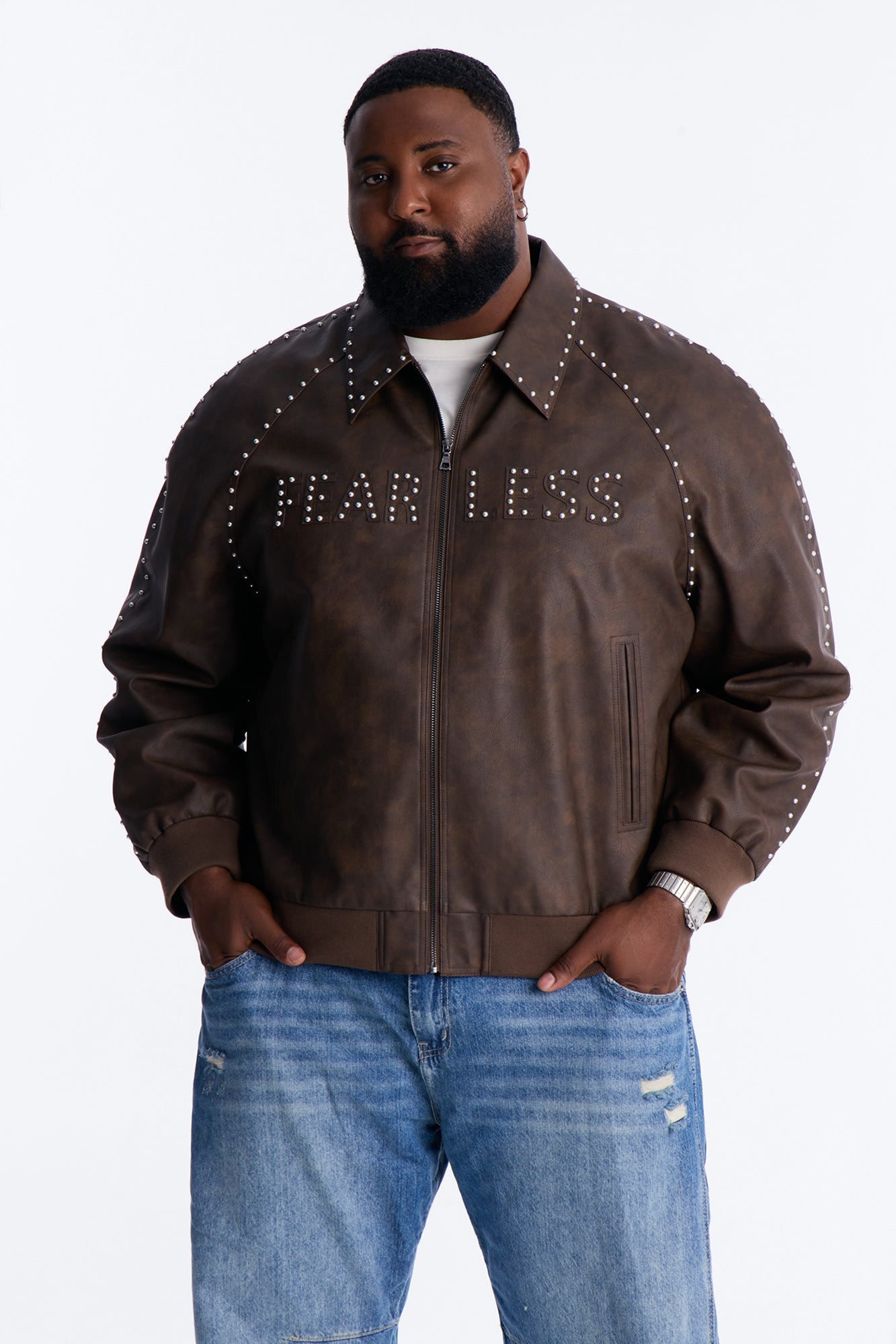 Fearless Victory Faux Leather Studded Bomber Jacket - Brown Fashion Nova
