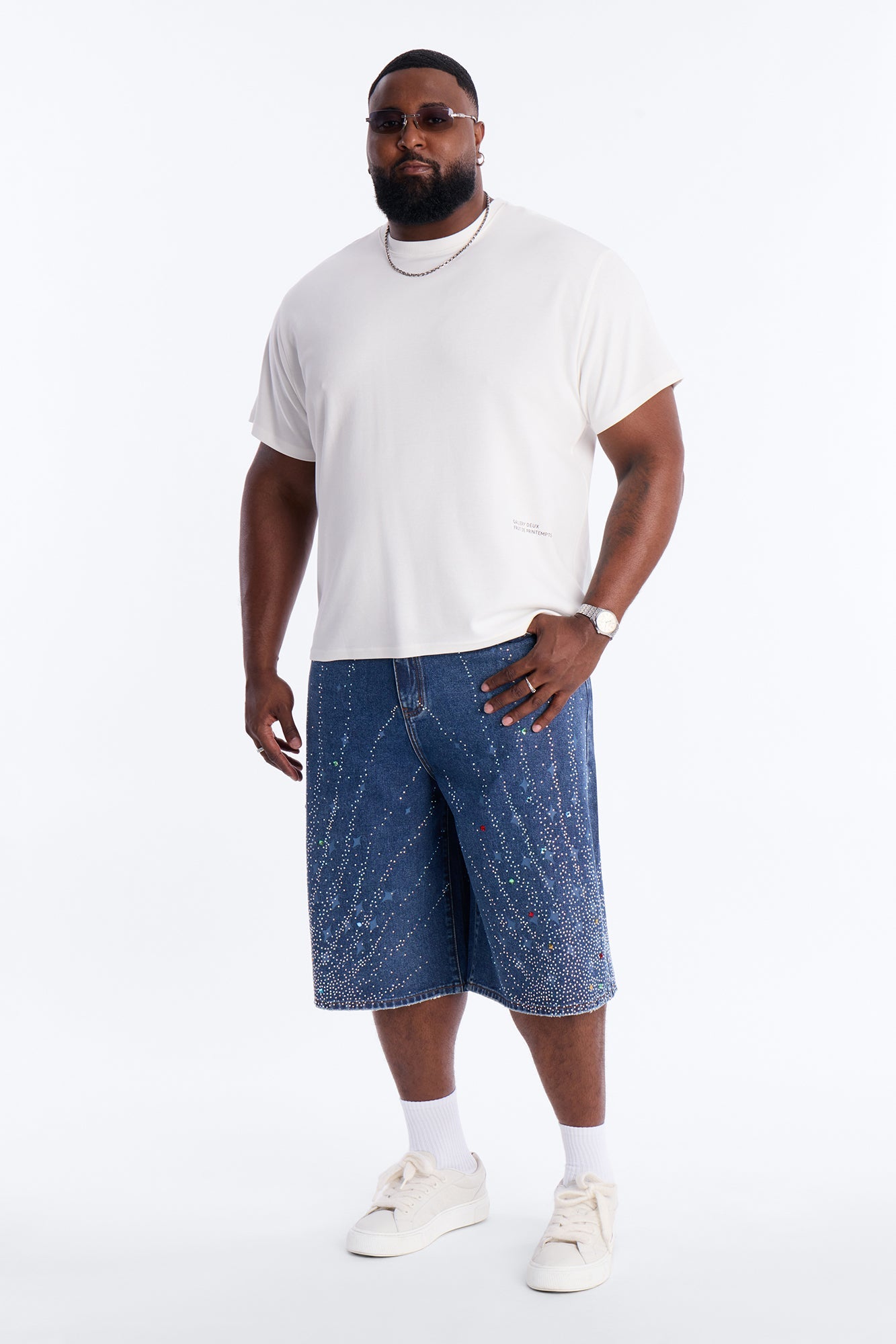 Baggy Cascade Jeweled Denim Shorts - Dark Wash Fashion Nova