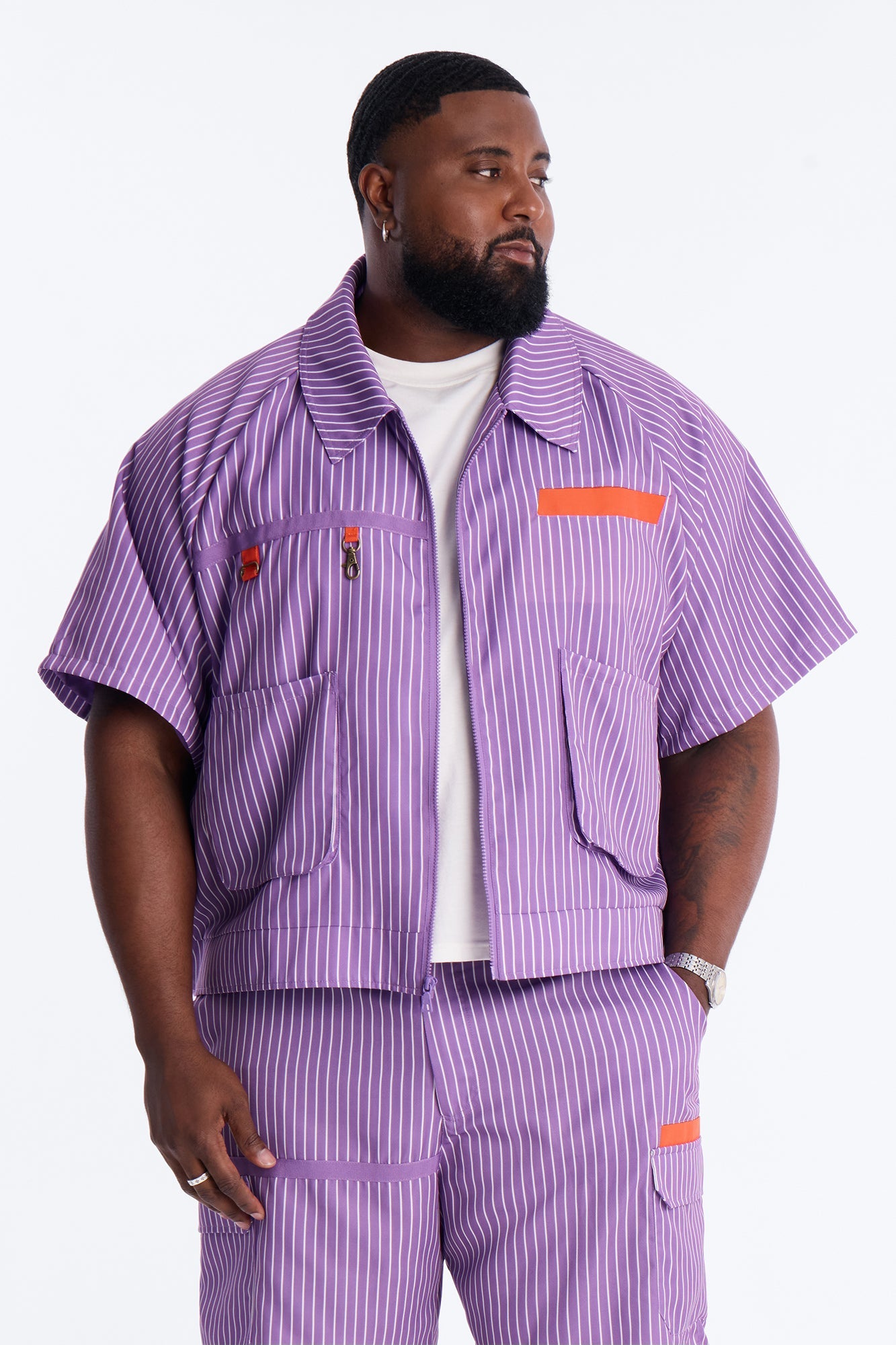 Boxy Cropped Desert Dunes Striped Button Up Shirt - Purple Fashion Nova
